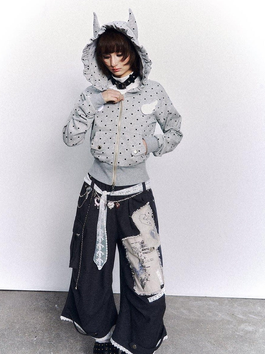 Frustration Garden Vintage Printed Patch Natural Waist Button Fly Cropped Women Wide-Leg Pants