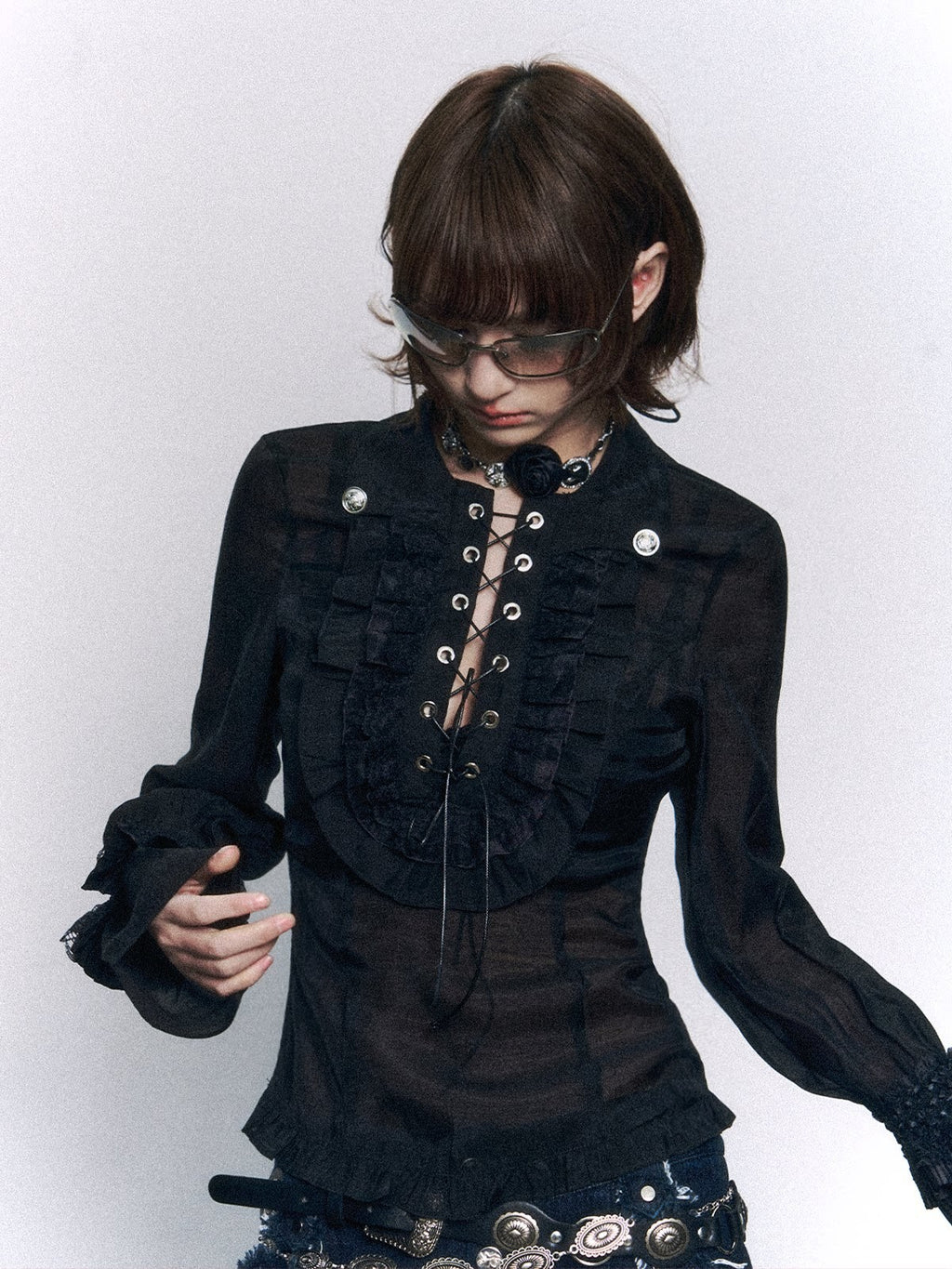 Frustration_Garden_Vintage_Slim_Fit_Ruffle_Tie_Button_Lapel_Bishop_Sleeves_Black_Women_Blouses_MISSTT