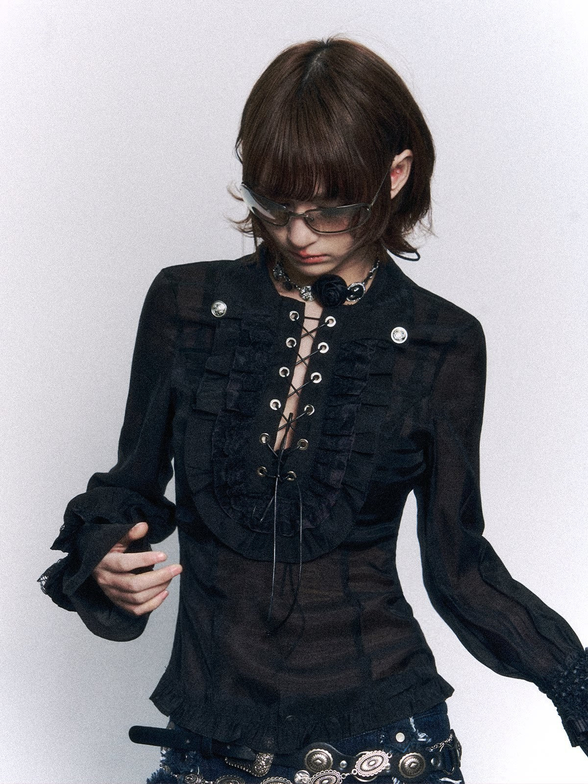Frustration_Garden_Vintage_Slim_Fit_Ruffle_Tie_Button_Lapel_Bishop_Sleeves_Black_Women_Blouses_MISSTT