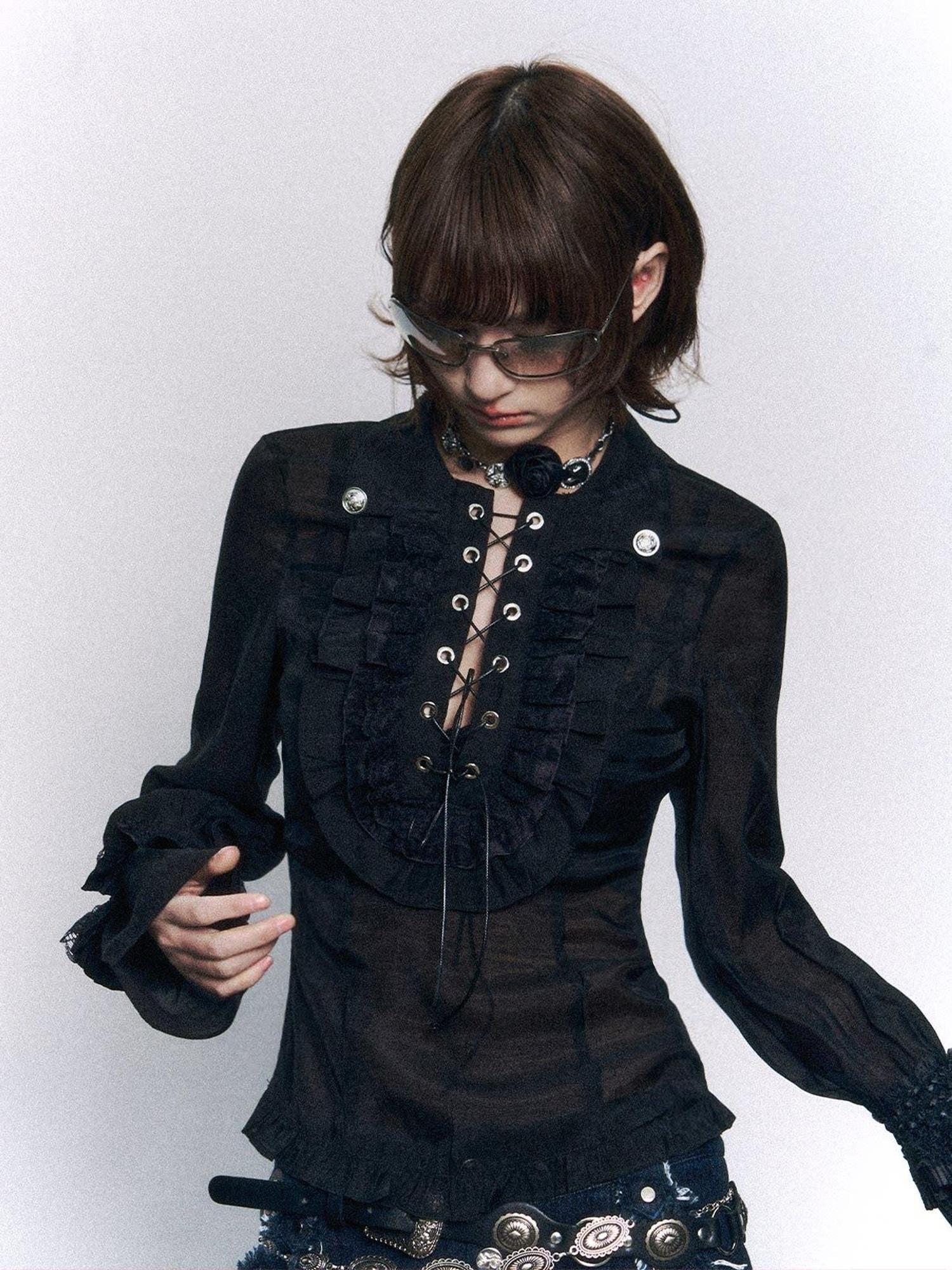 Frustration Garden Vintage Slim Fit Ruffle Tie Button Lapel Bishop Sleeves Black Women Blouses