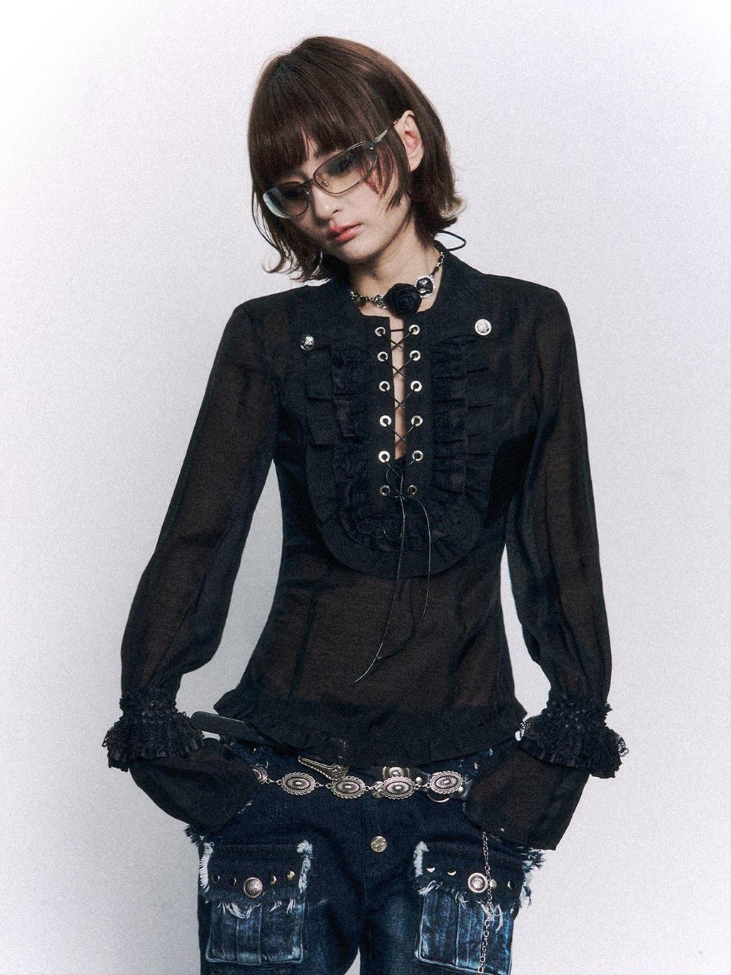Frustration Garden Vintage Slim Fit Ruffle Tie Button Lapel Bishop Sleeves Black Women Blouses
