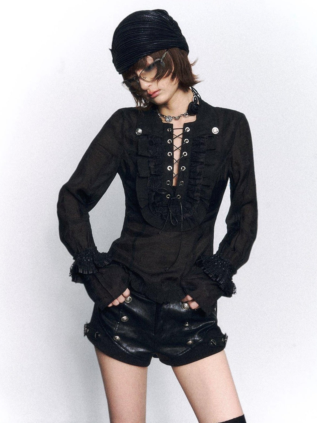 Frustration Garden Vintage Slim Fit Ruffle Tie Button Lapel Bishop Sleeves Black Women Blouses