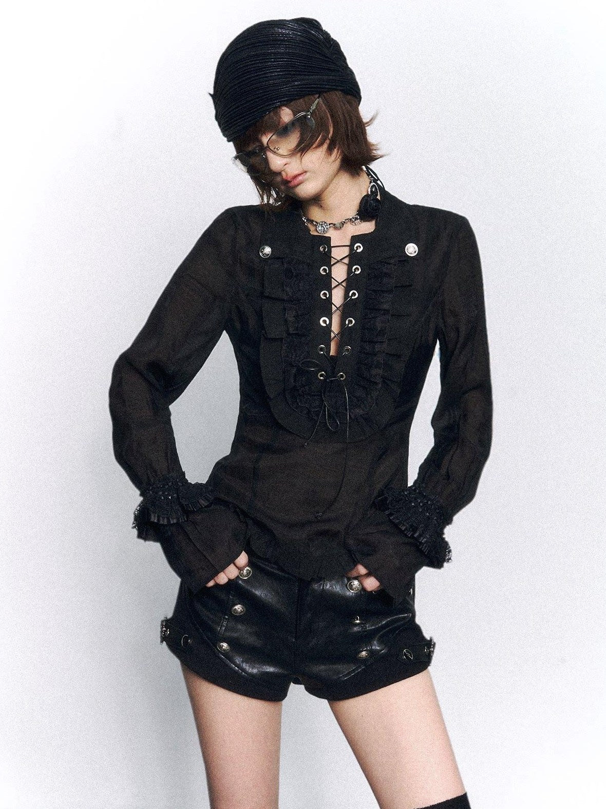 Frustration Garden Vintage Slim Fit Ruffle Tie Button Lapel Bishop Sleeves Black Women Blouses