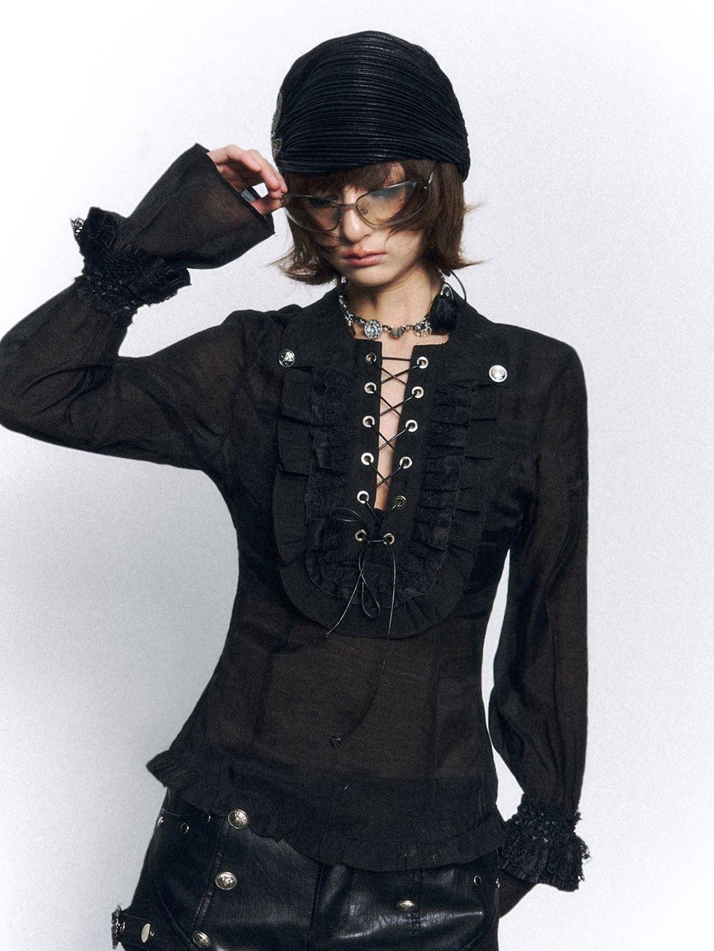 Frustration Garden Vintage Slim Fit Ruffle Tie Button Lapel Bishop Sleeves Black Women Blouses