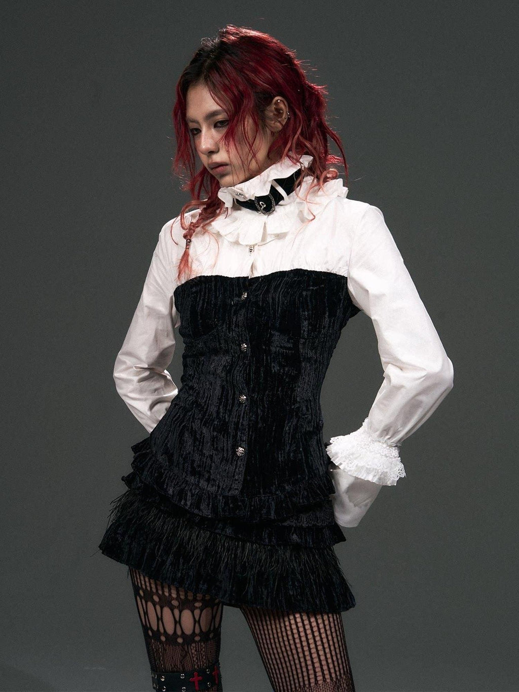 Frustration Garden Vintage Velvet Lined Low Waist Button Lace Fringe Tiered Student Mini Skirts