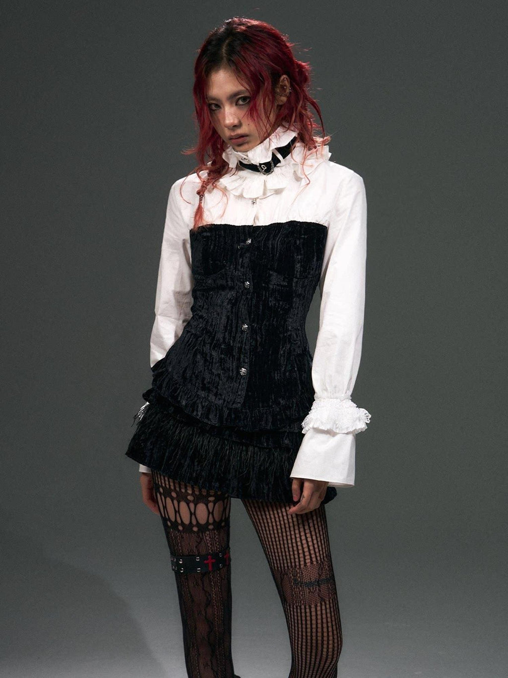 Frustration Garden Vintage Velvet Lined Low Waist Button Lace Fringe Tiered Student Mini Skirts