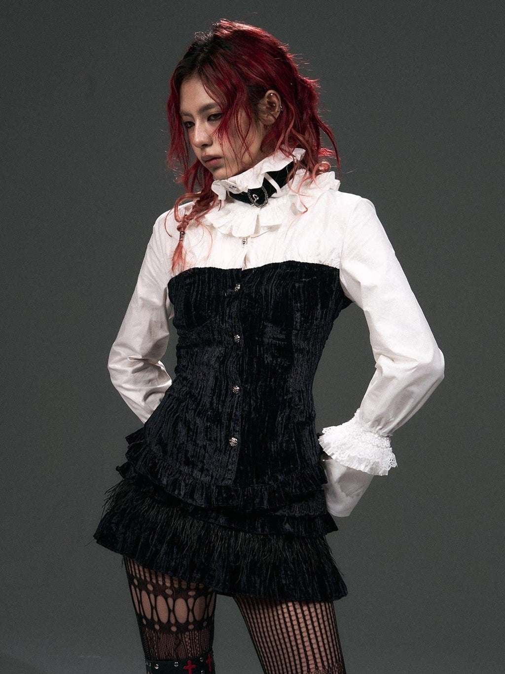 Frustration Garden Vintage Velvet Lined Low Waist Button Lace Fringe Tiered Student Mini Skirts