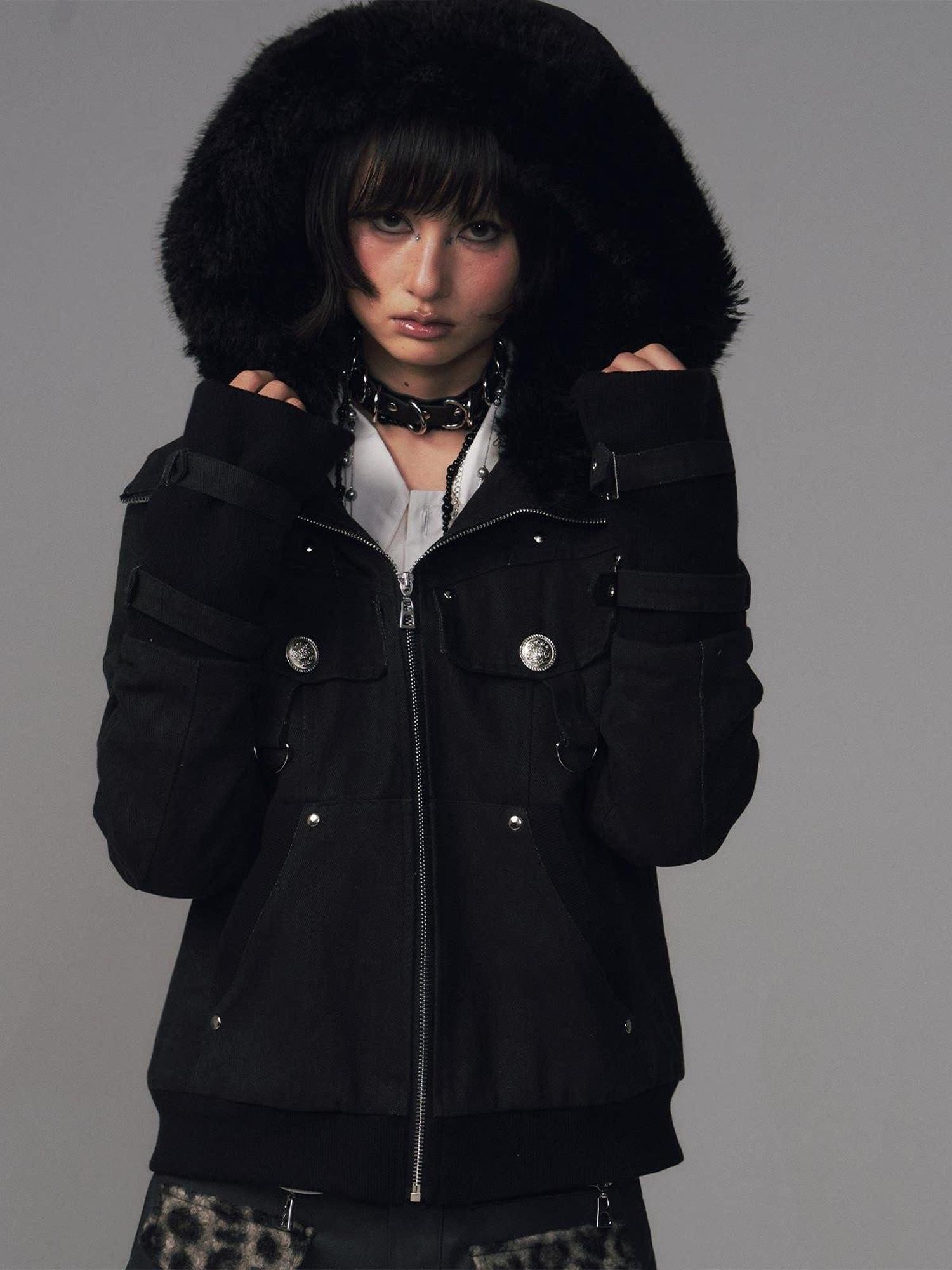 Frustration Garden Warm Cotton Insulated Vintage Distressed Hooded Zip Women Black Casual Jackets