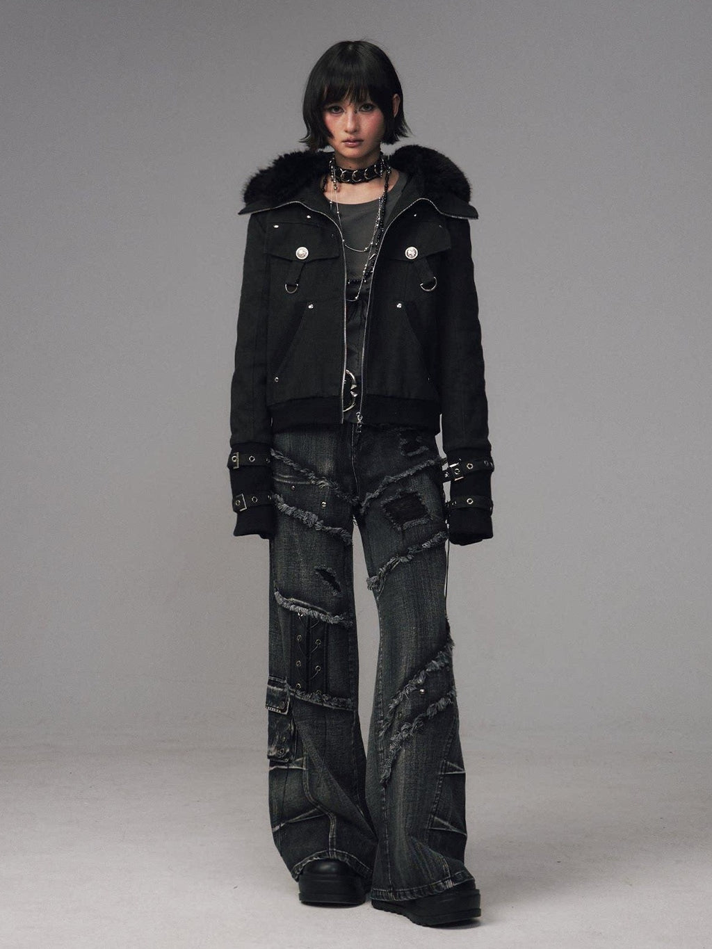 Frustration Garden Warm Cotton Insulated Vintage Distressed Hooded Zip Women Black Casual Jackets