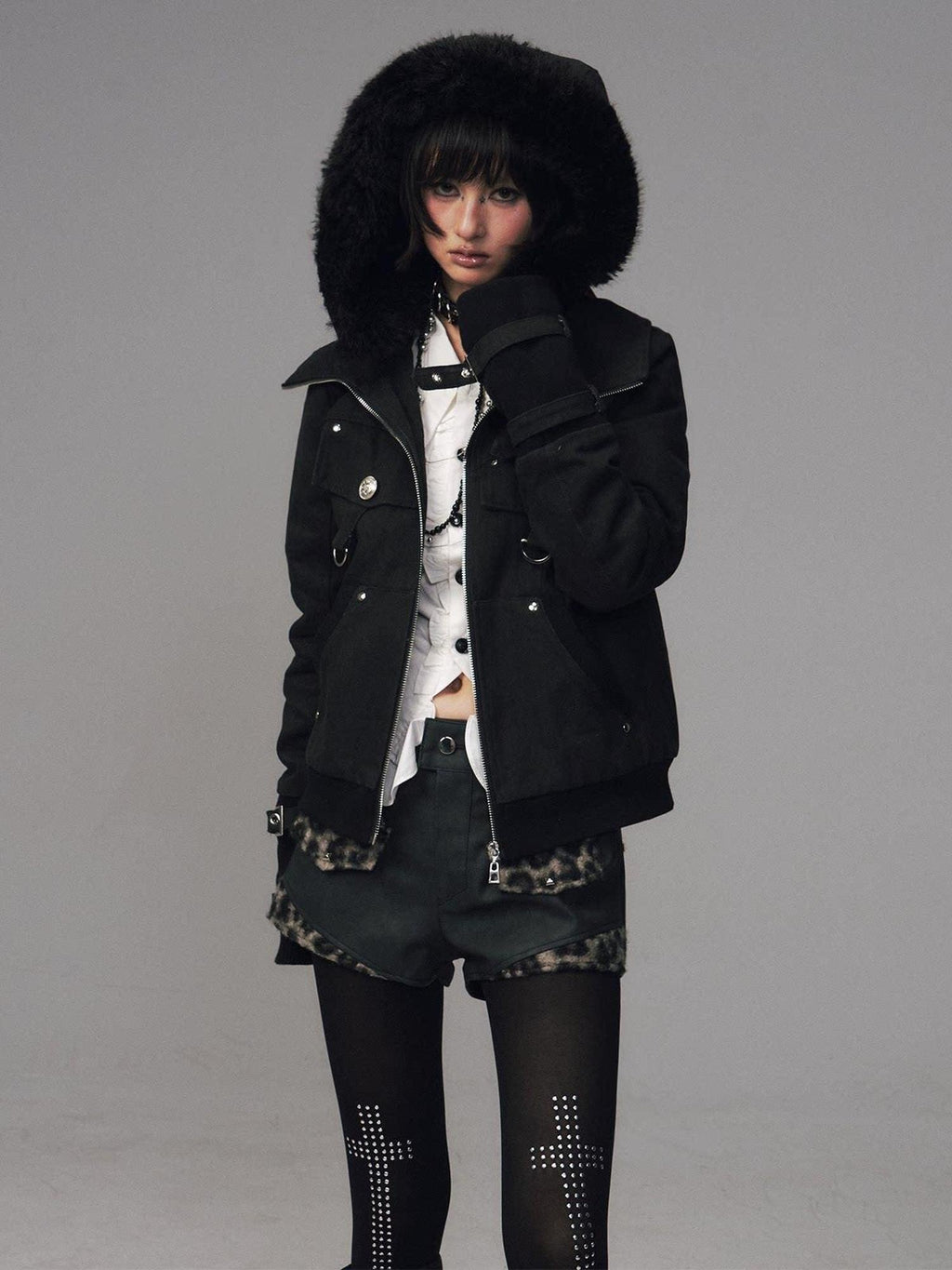 Frustration Garden Warm Cotton Insulated Vintage Distressed Hooded Zip Women Black Casual Jackets