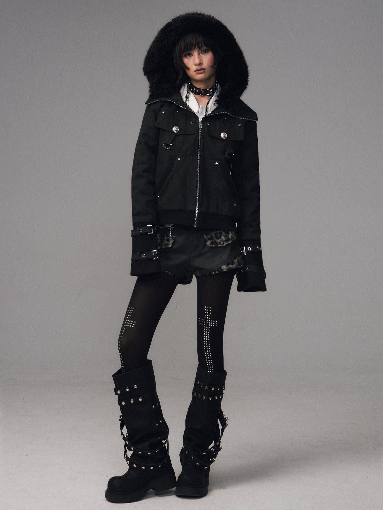 Frustration Garden Warm Cotton Insulated Vintage Distressed Hooded Zip Women Black Casual Jackets