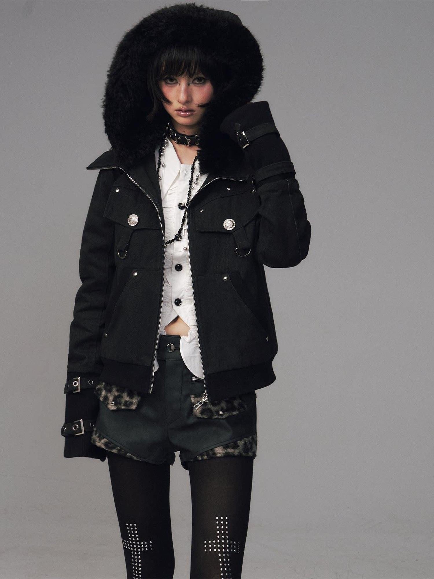 Frustration Garden Warm Cotton Insulated Vintage Distressed Hooded Zip Women Black Casual Jackets