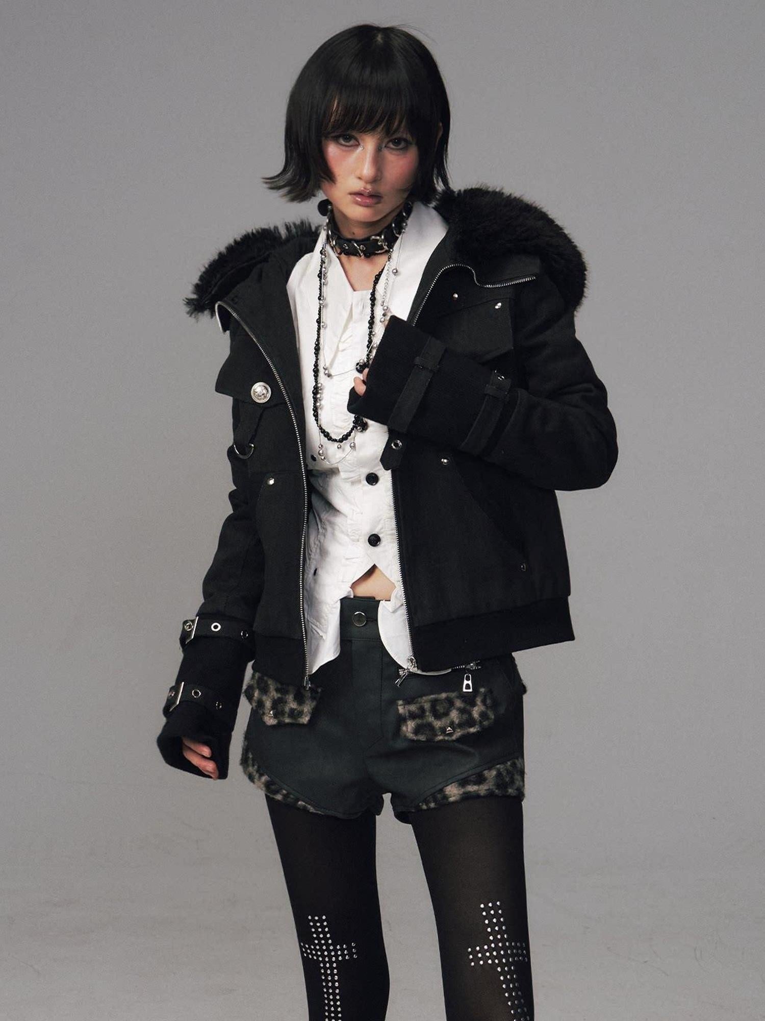 Frustration Garden Warm Cotton Insulated Vintage Distressed Hooded Zip Women Black Casual Jackets
