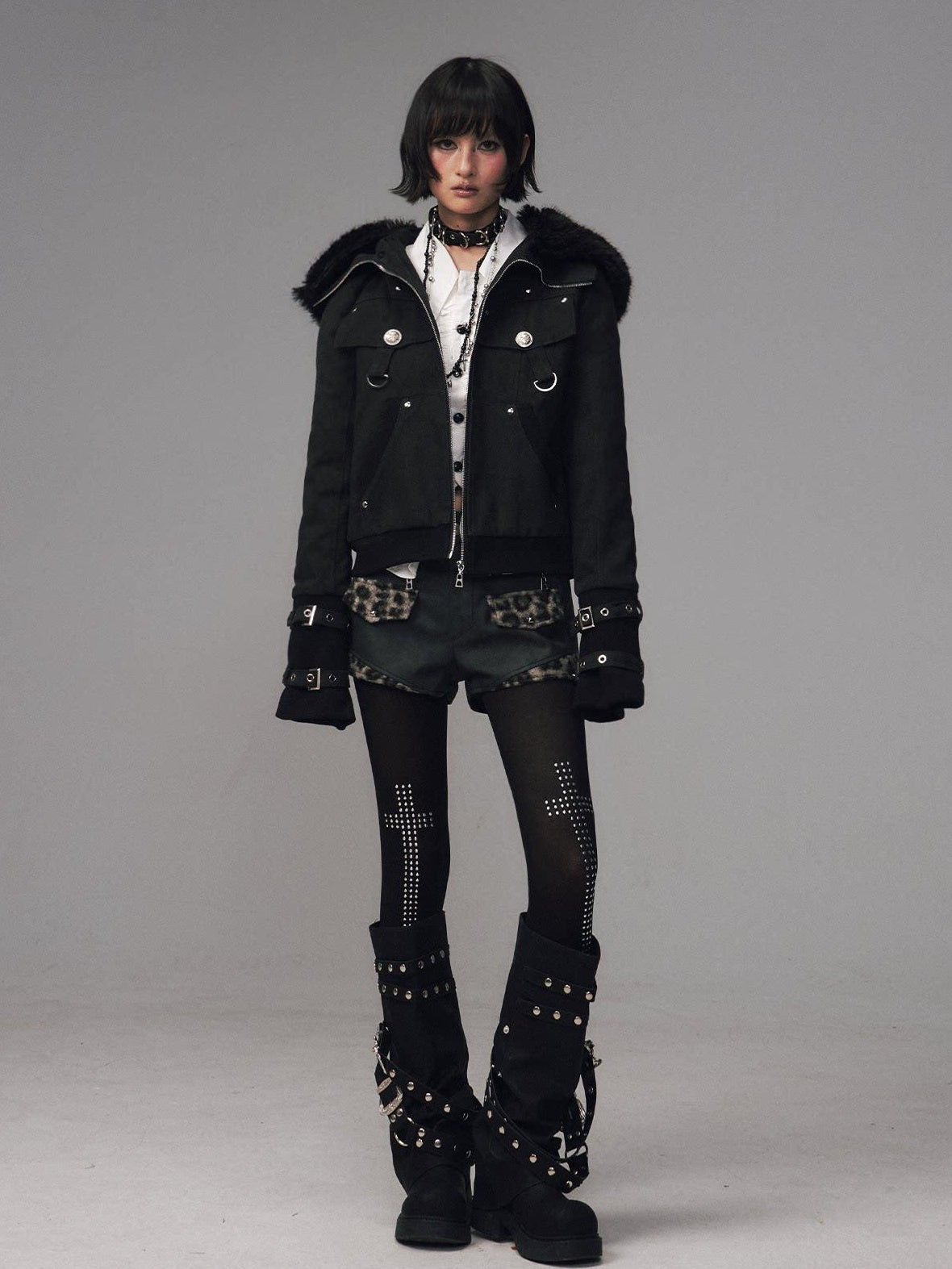 Frustration Garden Warm Cotton Insulated Vintage Distressed Hooded Zip Women Black Casual Jackets