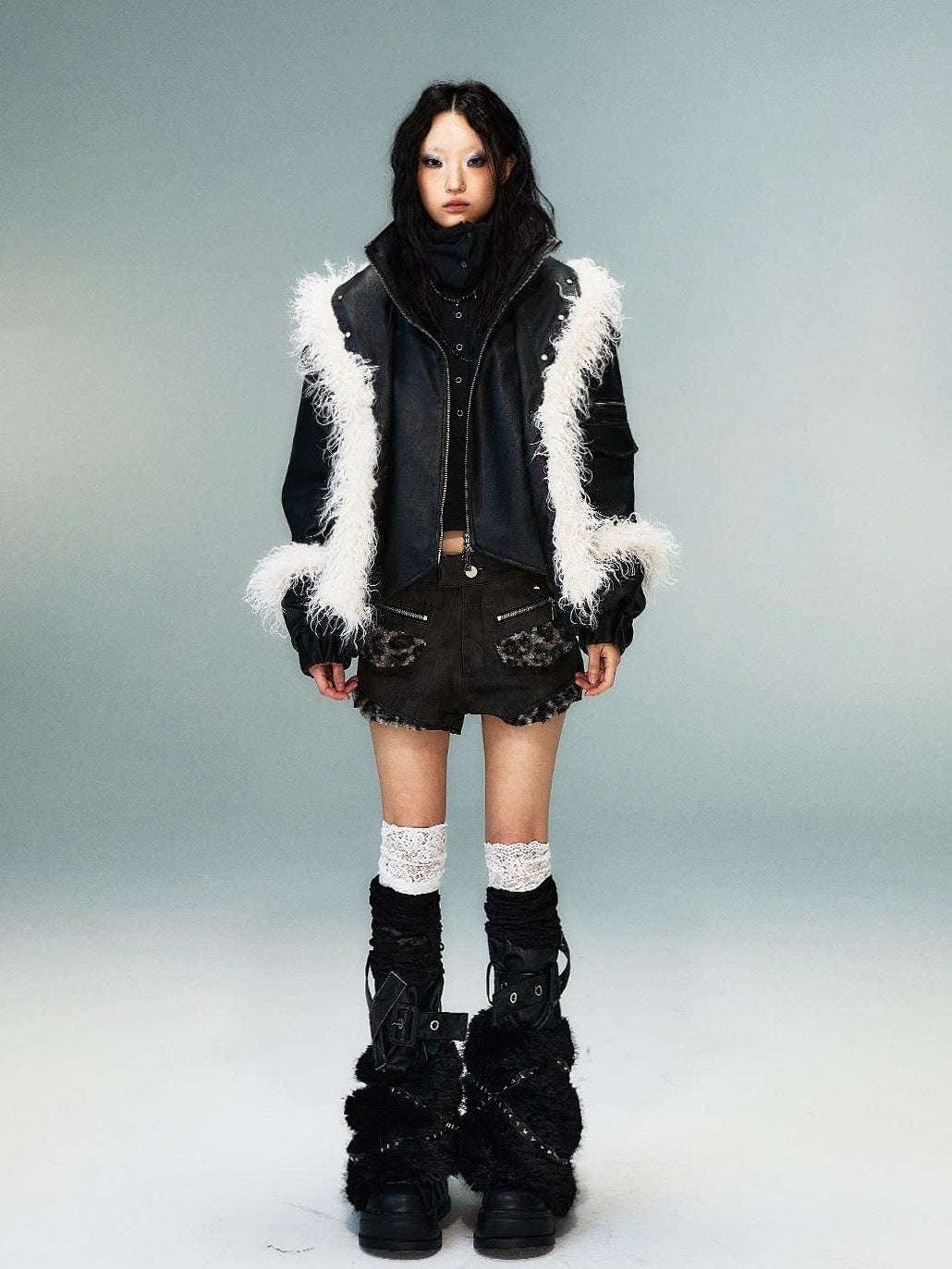 Frustration Garden Warm Pu Faux Two Piece Distressed Fur Patchwork Loose Women Cropped Jackets