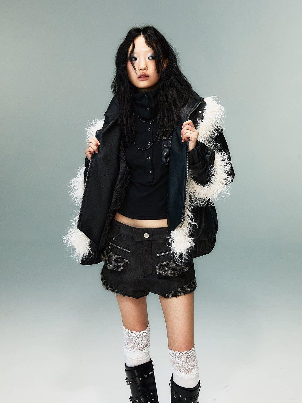 Frustration Garden Warm Pu Faux Two Piece Distressed Fur Patchwork Loose Women Cropped Jackets
