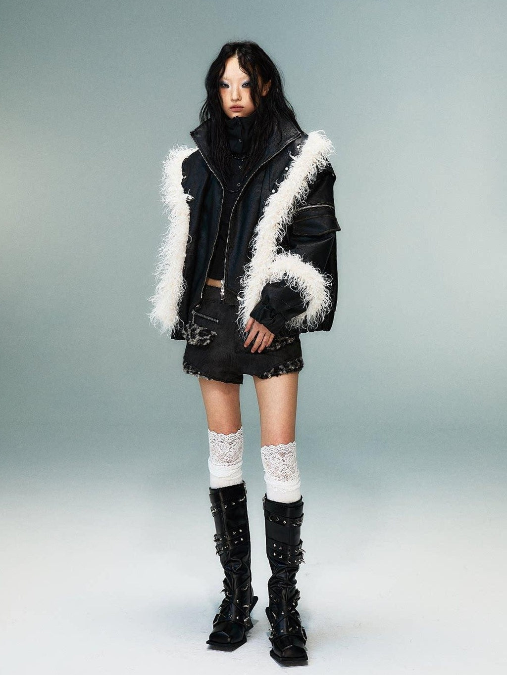 Frustration Garden Warm Pu Faux Two Piece Distressed Fur Patchwork Loose Women Cropped Jackets