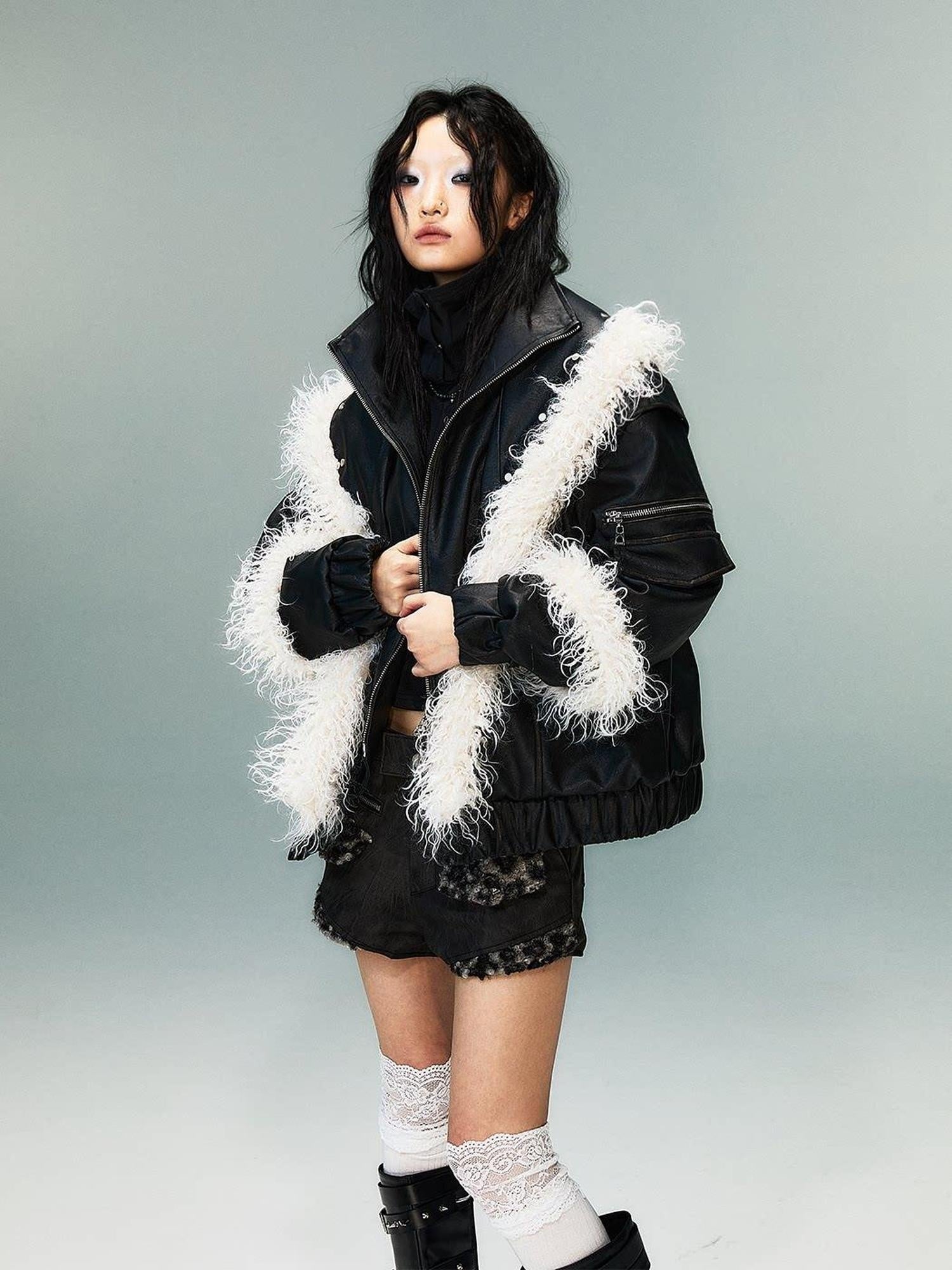 Frustration Garden Warm Pu Faux Two Piece Distressed Fur Patchwork Loose Women Cropped Jackets