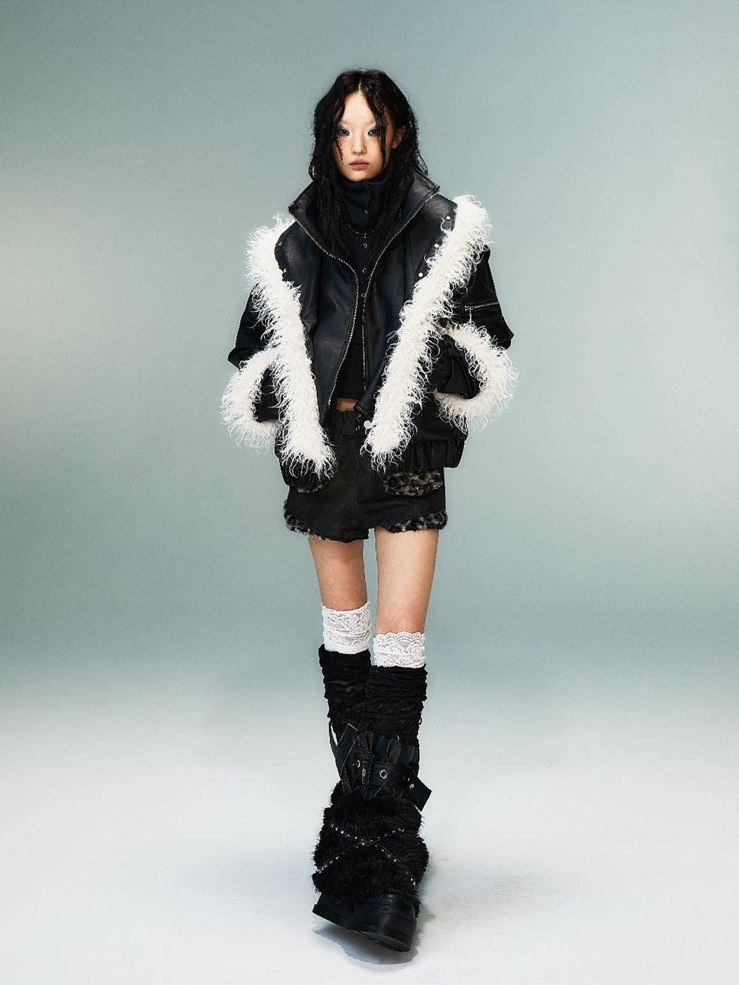Frustration Garden Warm Pu Faux Two Piece Distressed Fur Patchwork Loose Women Cropped Jackets