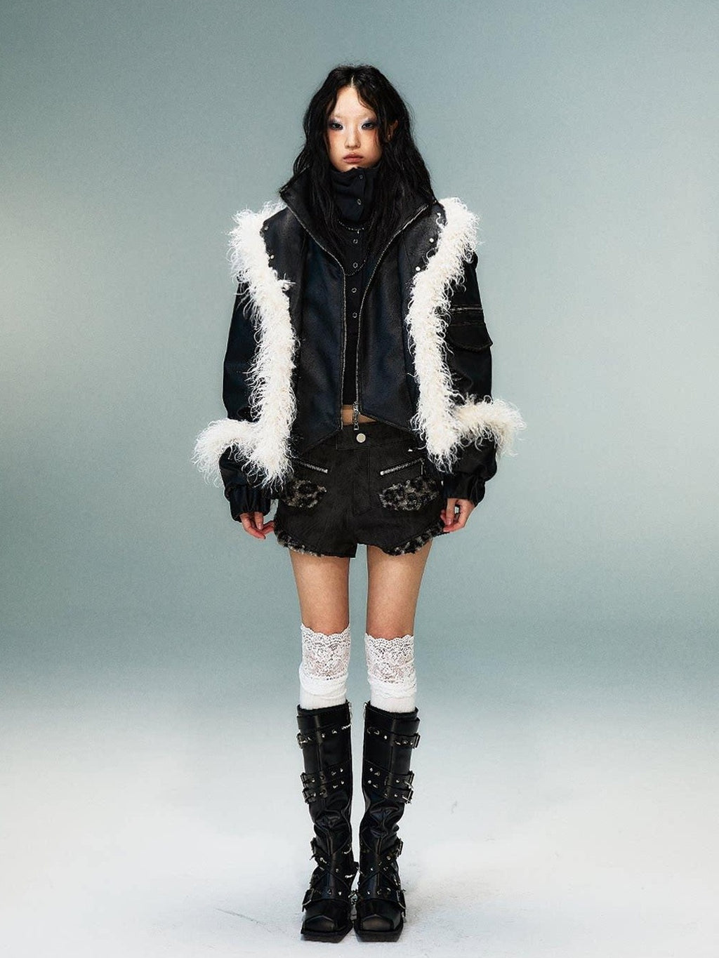 Frustration Garden Warm Pu Faux Two Piece Distressed Fur Patchwork Loose Women Cropped Jackets