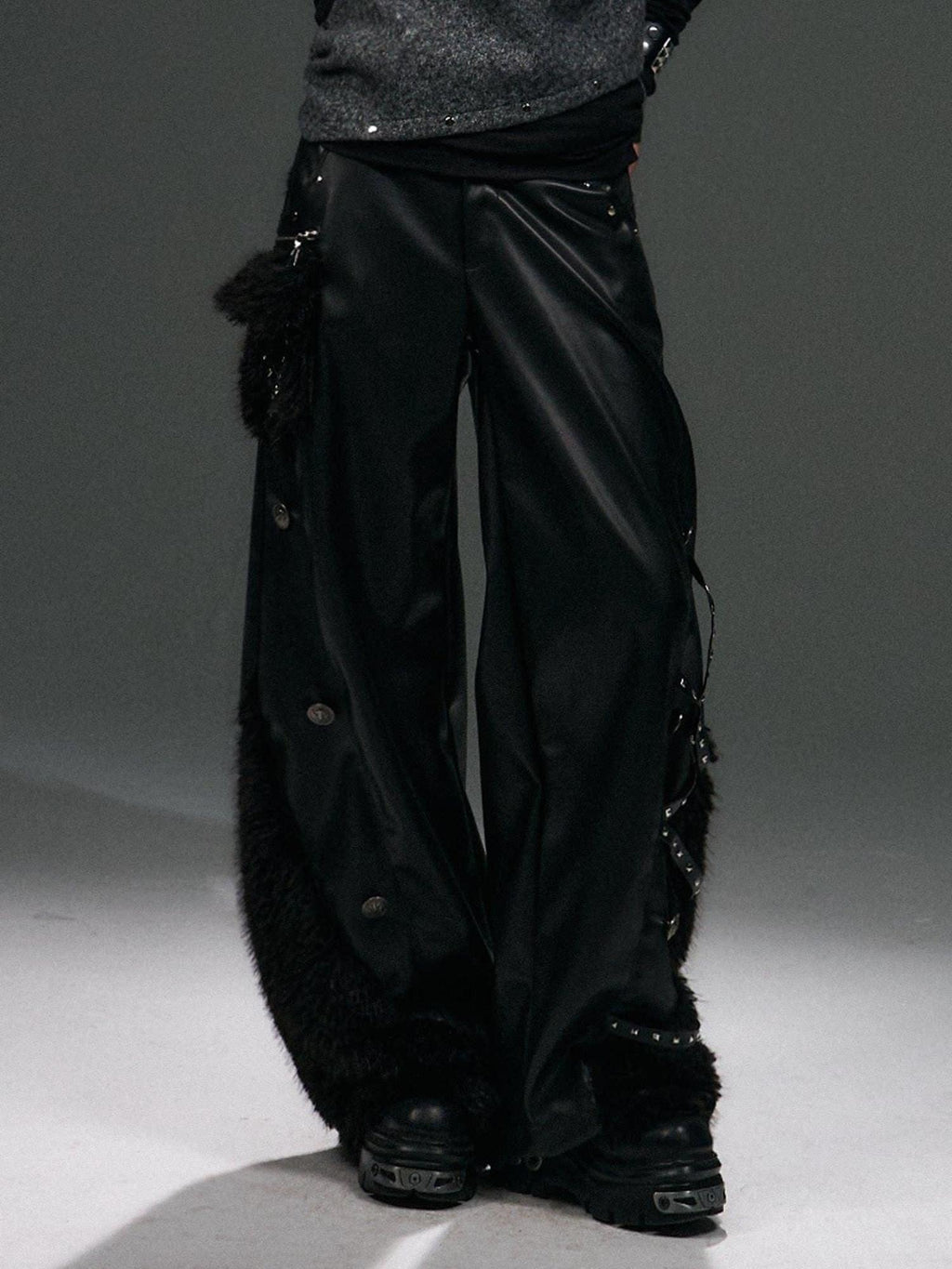 Frustration Garden Warm Pu Patchwork Asymmetric Wide Leg Punk Women Black Leather Pants