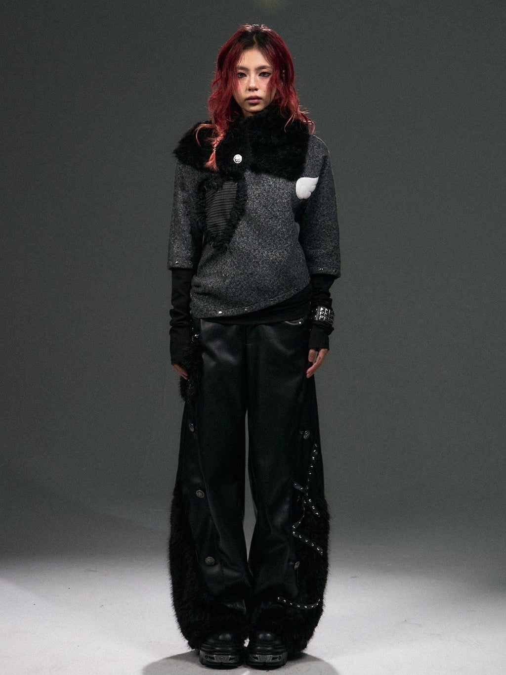 Frustration Garden Warm Pu Patchwork Asymmetric Wide Leg Punk Women Black Leather Pants