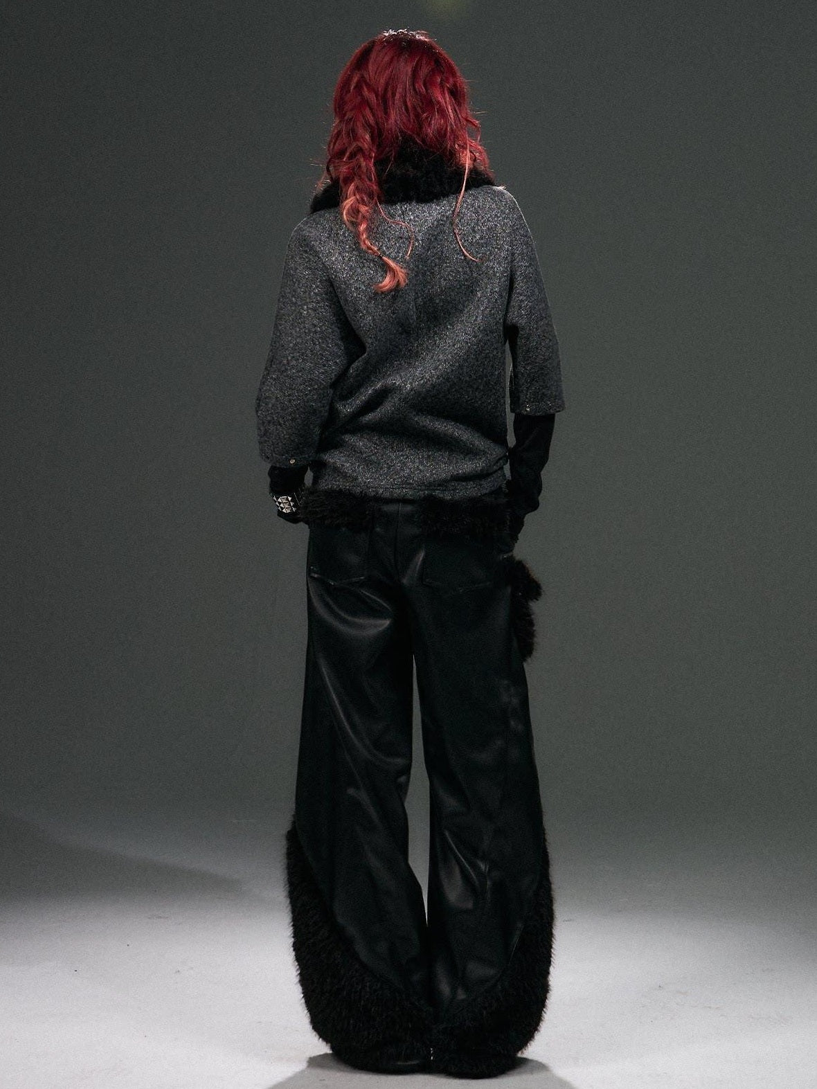 Frustration Garden Warm Pu Patchwork Asymmetric Wide Leg Punk Women Black Leather Pants