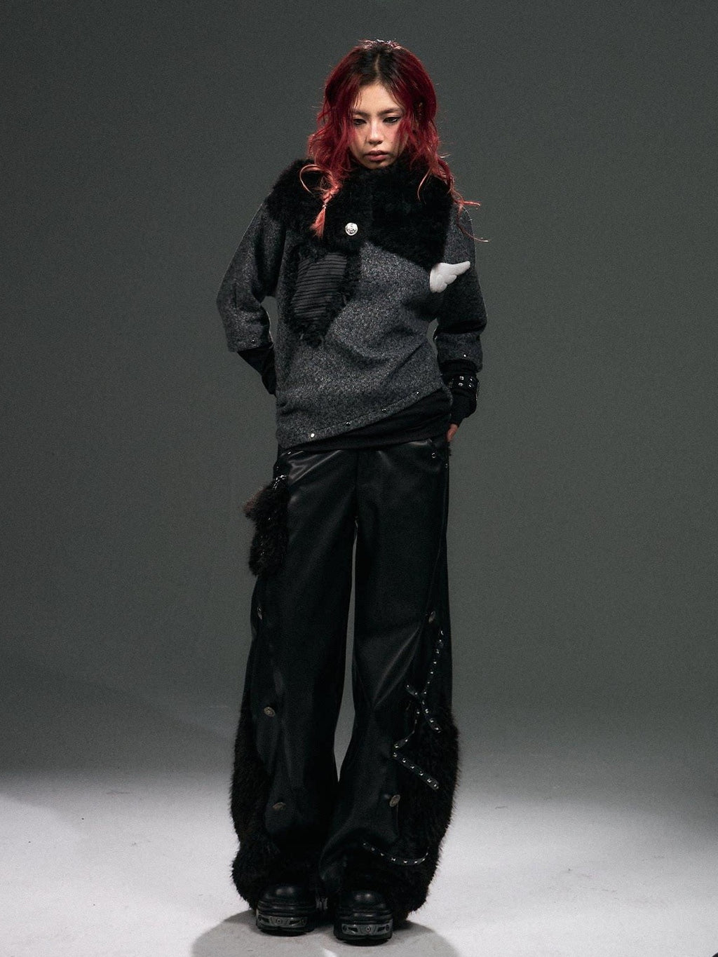 Frustration Garden Warm Pu Patchwork Asymmetric Wide Leg Punk Women Black Leather Pants