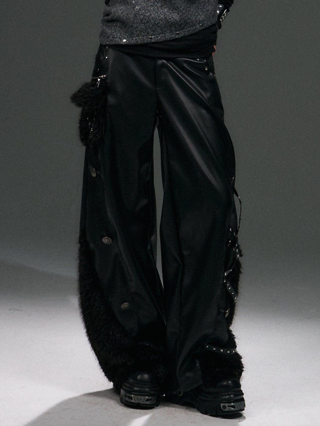 Frustration Garden Warm Pu Patchwork Asymmetric Wide Leg Punk Women Black Leather Pants