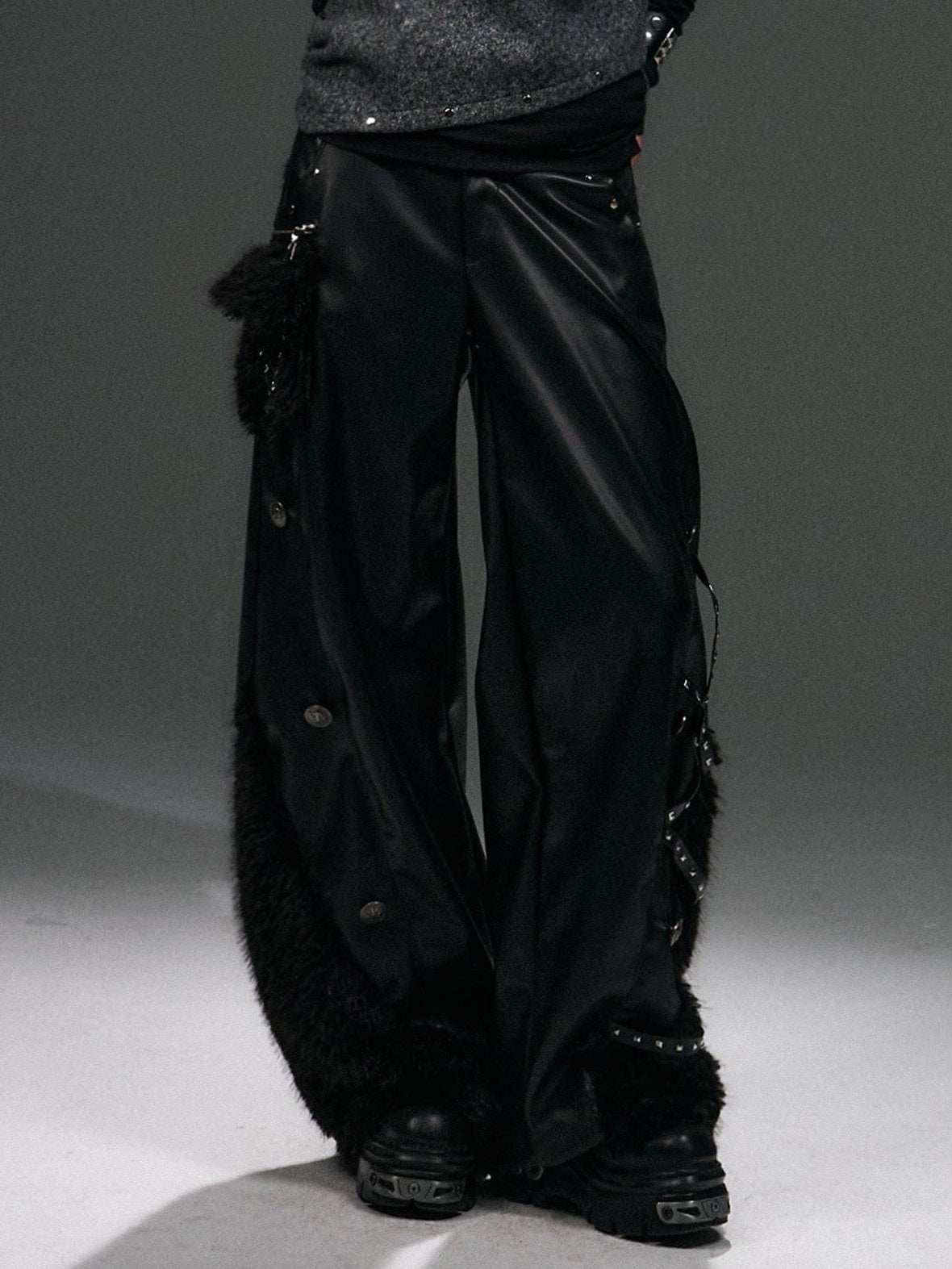 Frustration Garden Warm Pu Patchwork Asymmetric Wide Leg Punk Women Black Leather Pants