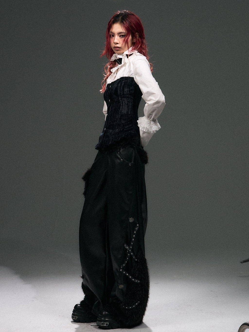 Frustration Garden Warm Pu Patchwork Asymmetric Wide Leg Punk Women Black Leather Pants