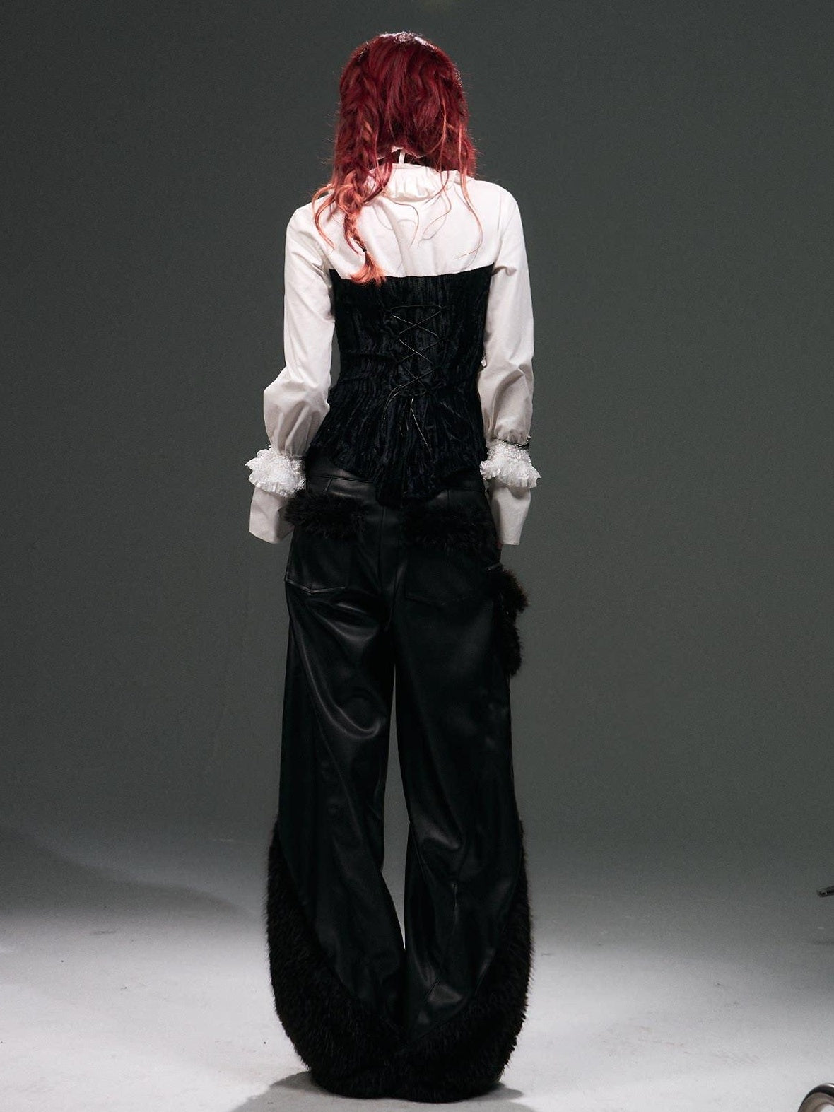 Frustration Garden Warm Pu Patchwork Asymmetric Wide Leg Punk Women Black Leather Pants