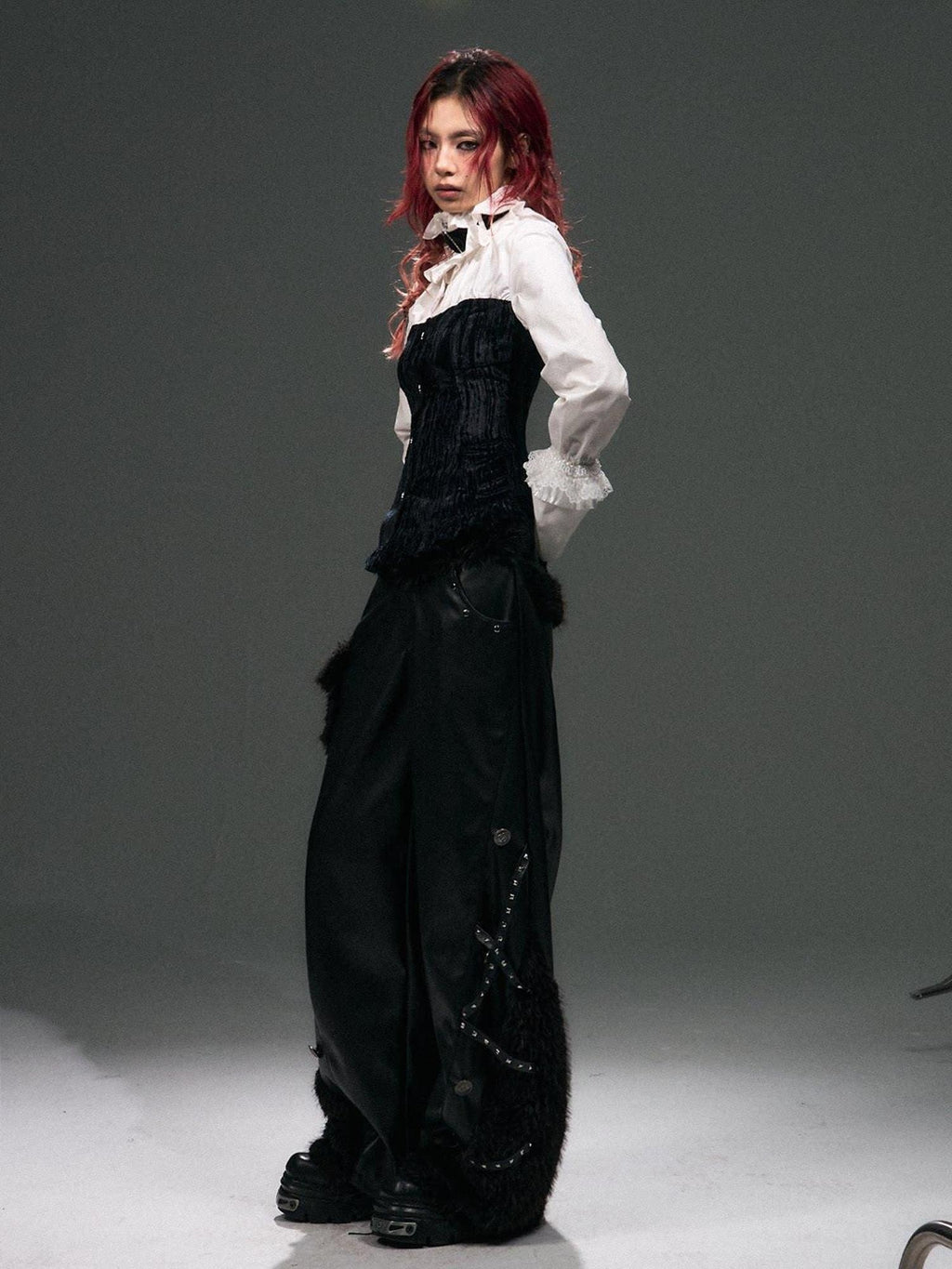 Frustration Garden Warm Pu Patchwork Asymmetric Wide Leg Punk Women Black Leather Pants