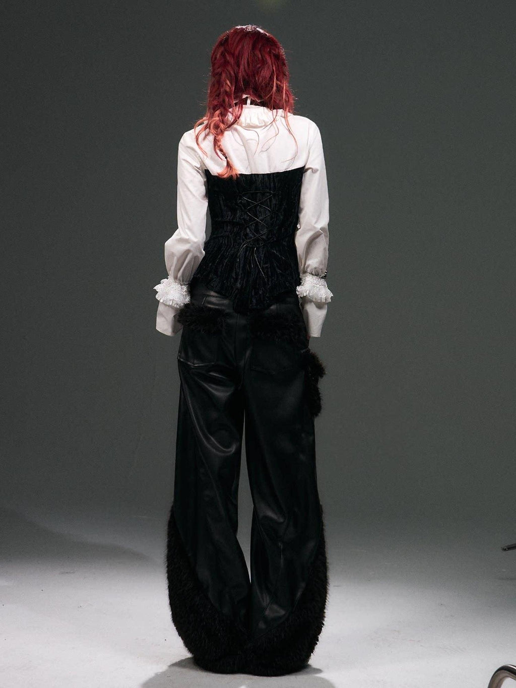 Frustration Garden Warm Pu Patchwork Asymmetric Wide Leg Punk Women Black Leather Pants