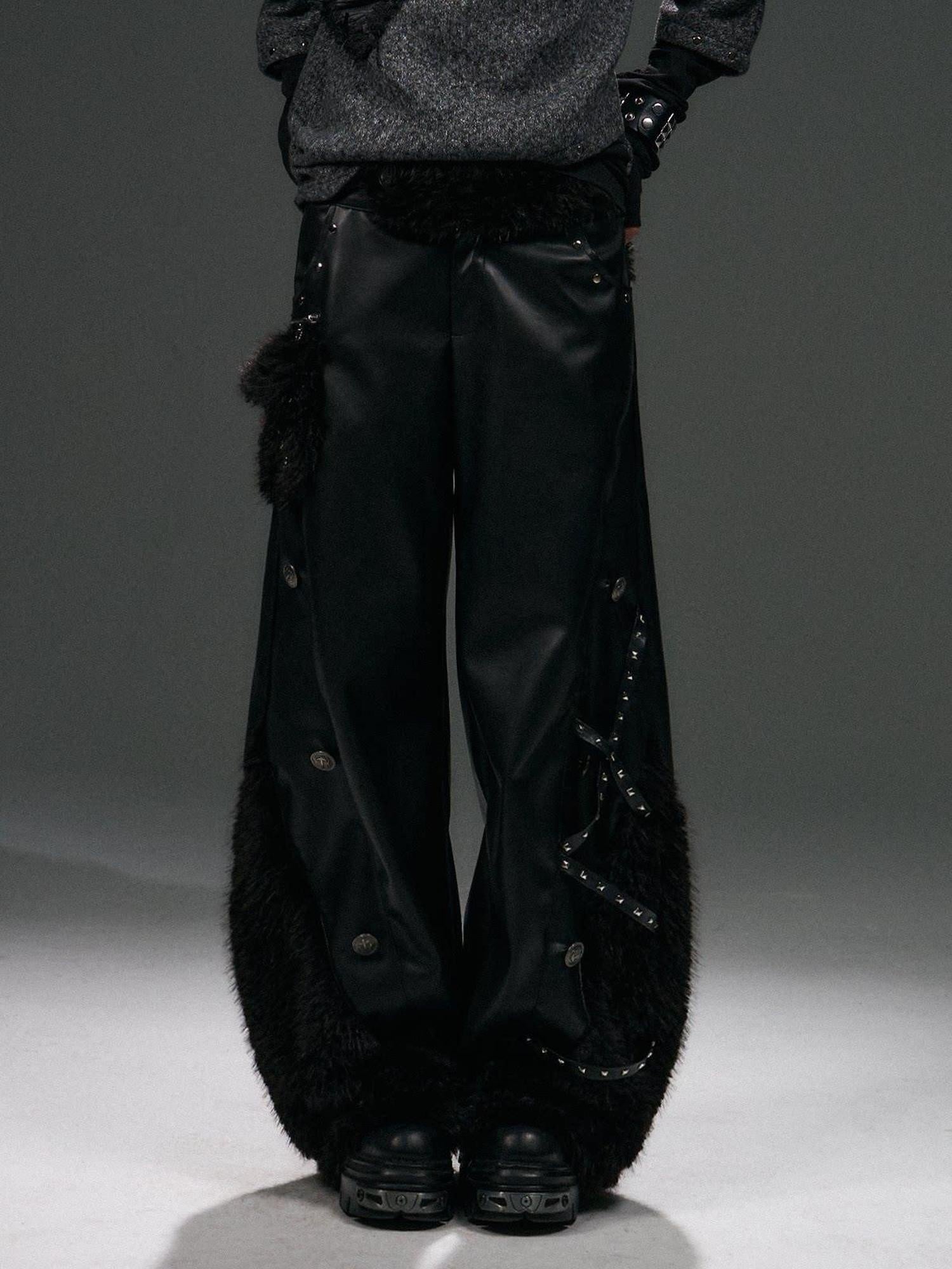 Frustration Garden Warm Pu Patchwork Asymmetric Wide Leg Punk Women Black Leather Pants
