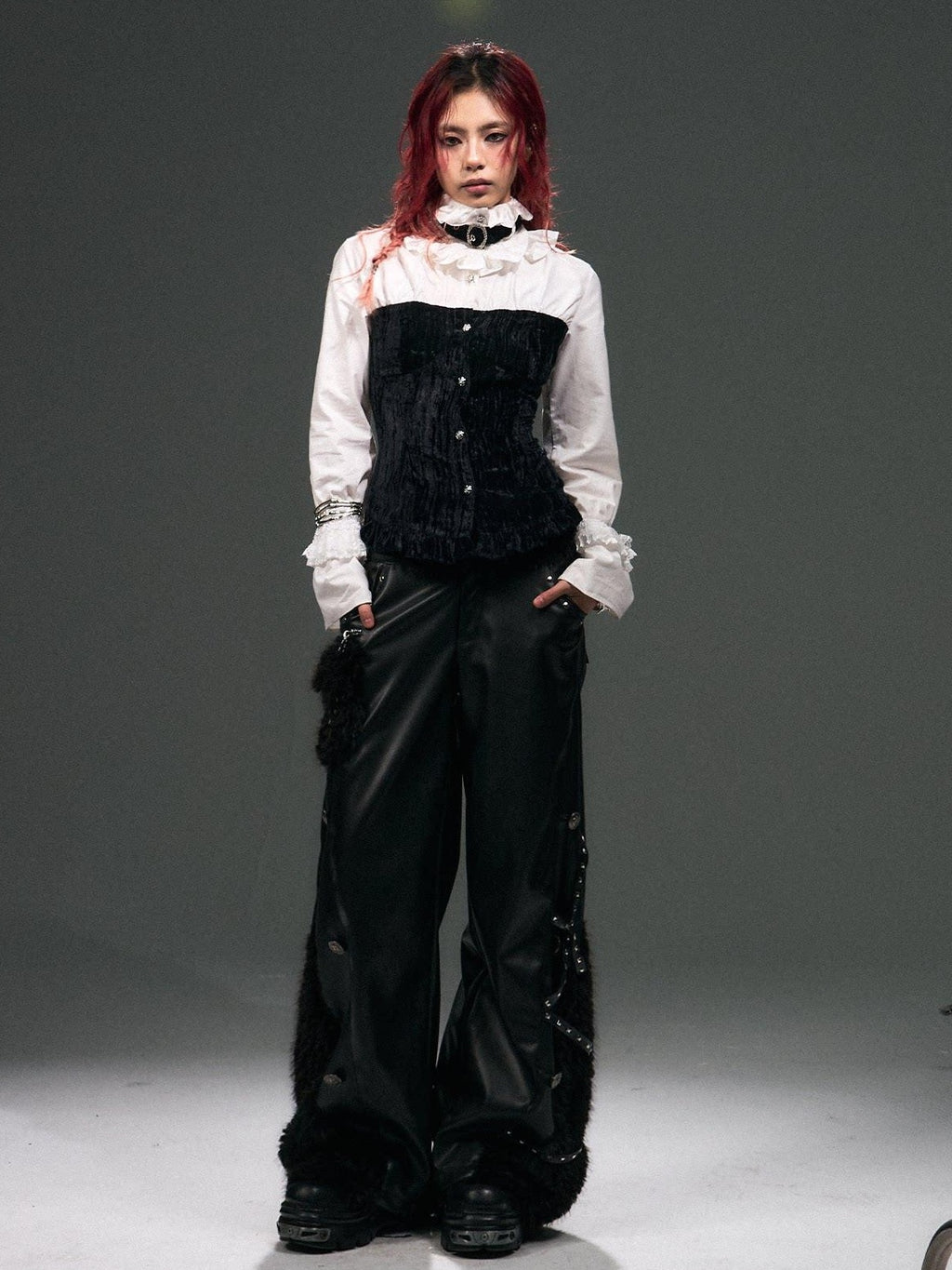 Frustration Garden Warm Pu Patchwork Asymmetric Wide Leg Punk Women Black Leather Pants