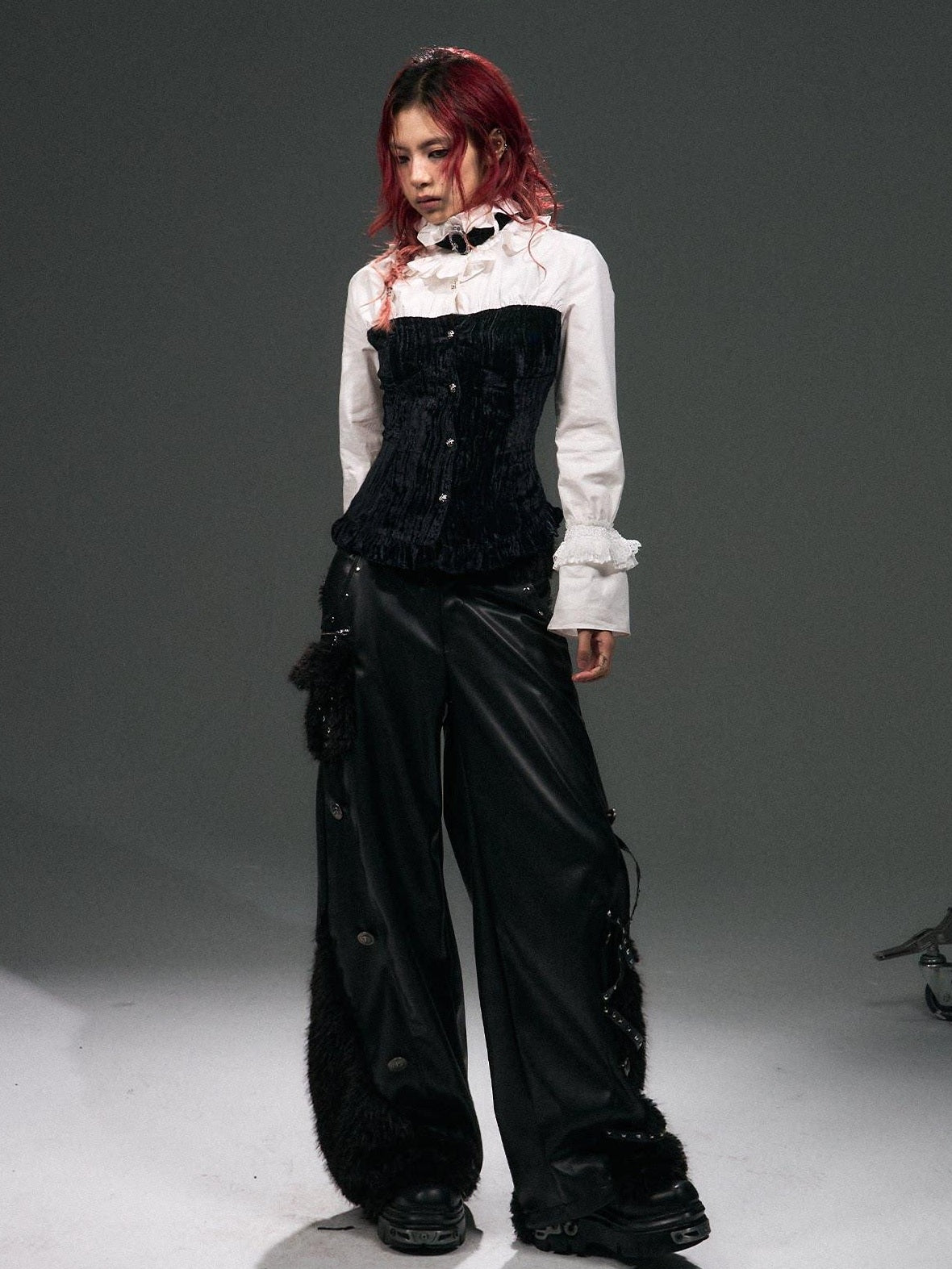 Frustration Garden Warm Pu Patchwork Asymmetric Wide Leg Punk Women Black Leather Pants
