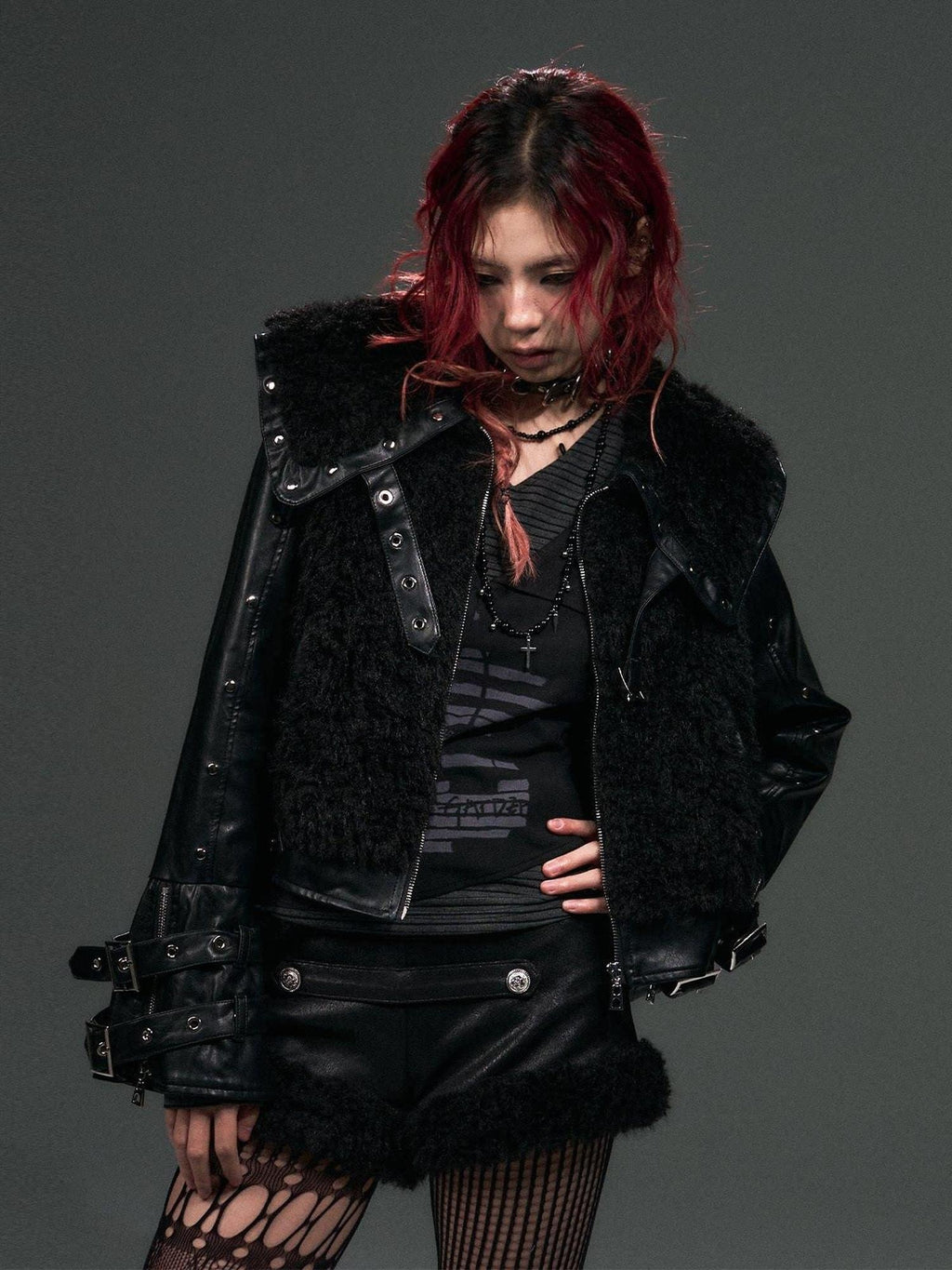 Frustration Garden Warm Thick Pu Dark Gothic Loose Fit Fur Collar Zipper Metal Cropped Jackets