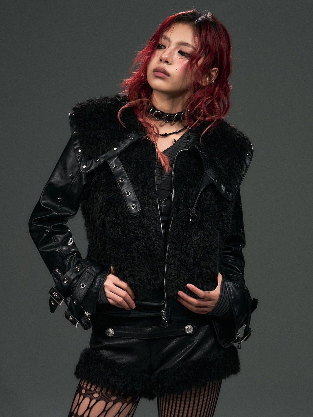 Frustration Garden Warm Thick Pu Dark Gothic Loose Fit Fur Collar Zipper Metal Cropped Jackets
