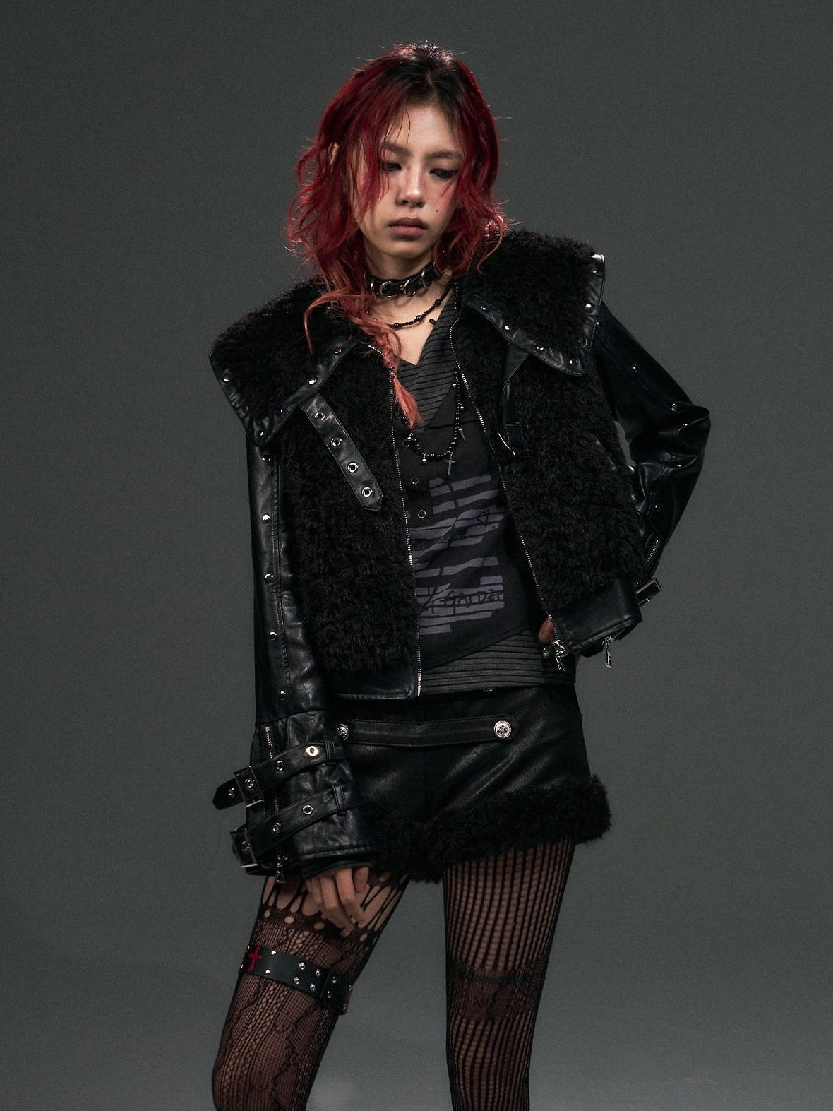Frustration Garden Warm Thick Pu Dark Gothic Loose Fit Fur Collar Zipper Metal Cropped Jackets