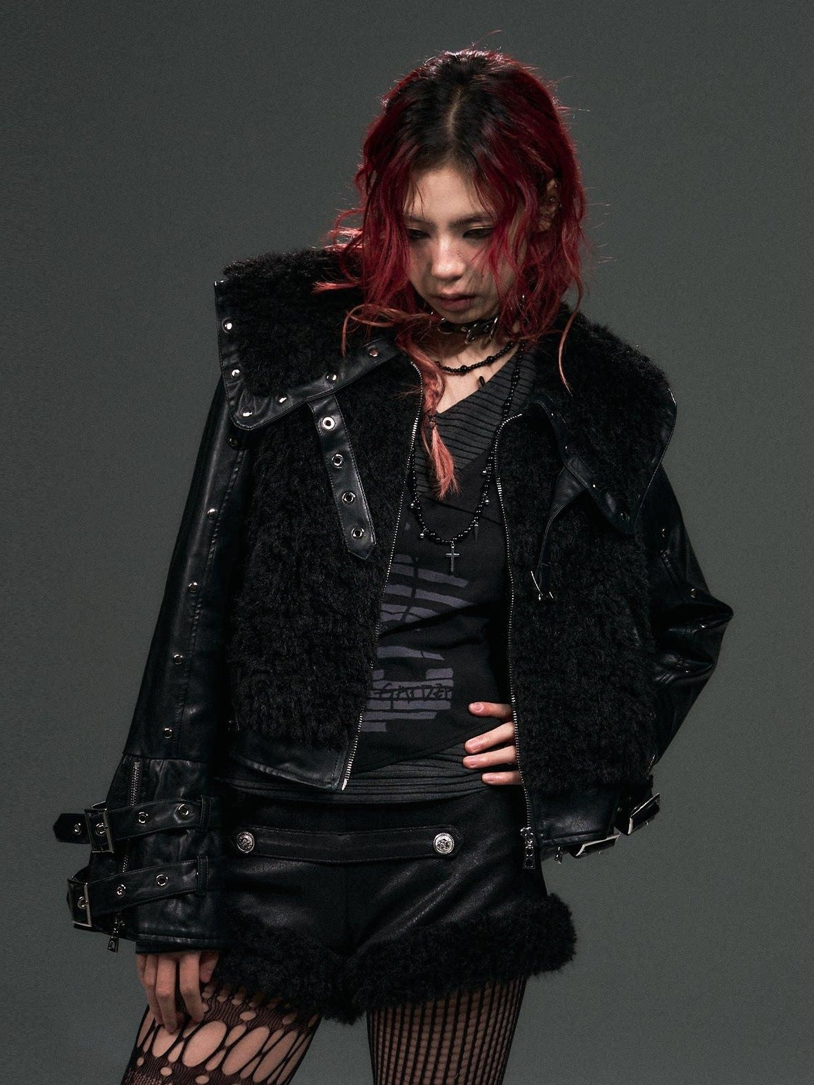 Frustration Garden Warm Thick Pu Dark Gothic Loose Fit Fur Collar Zipper Metal Cropped Jackets