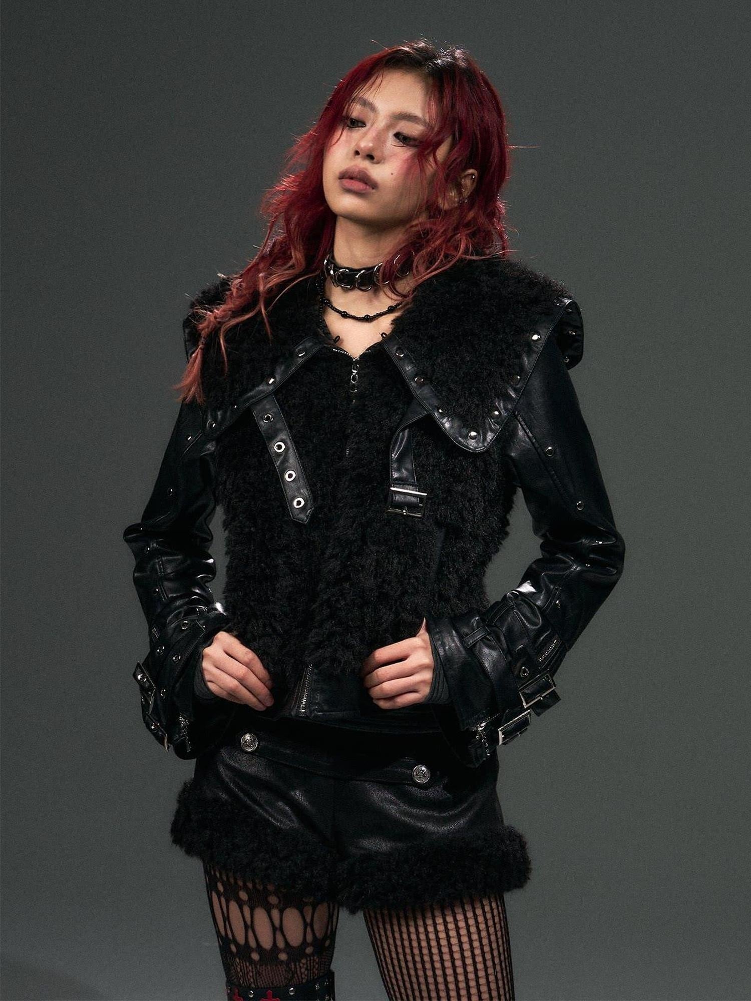 Frustration Garden Warm Thick Pu Dark Gothic Loose Fit Fur Collar Zipper Metal Cropped Jackets