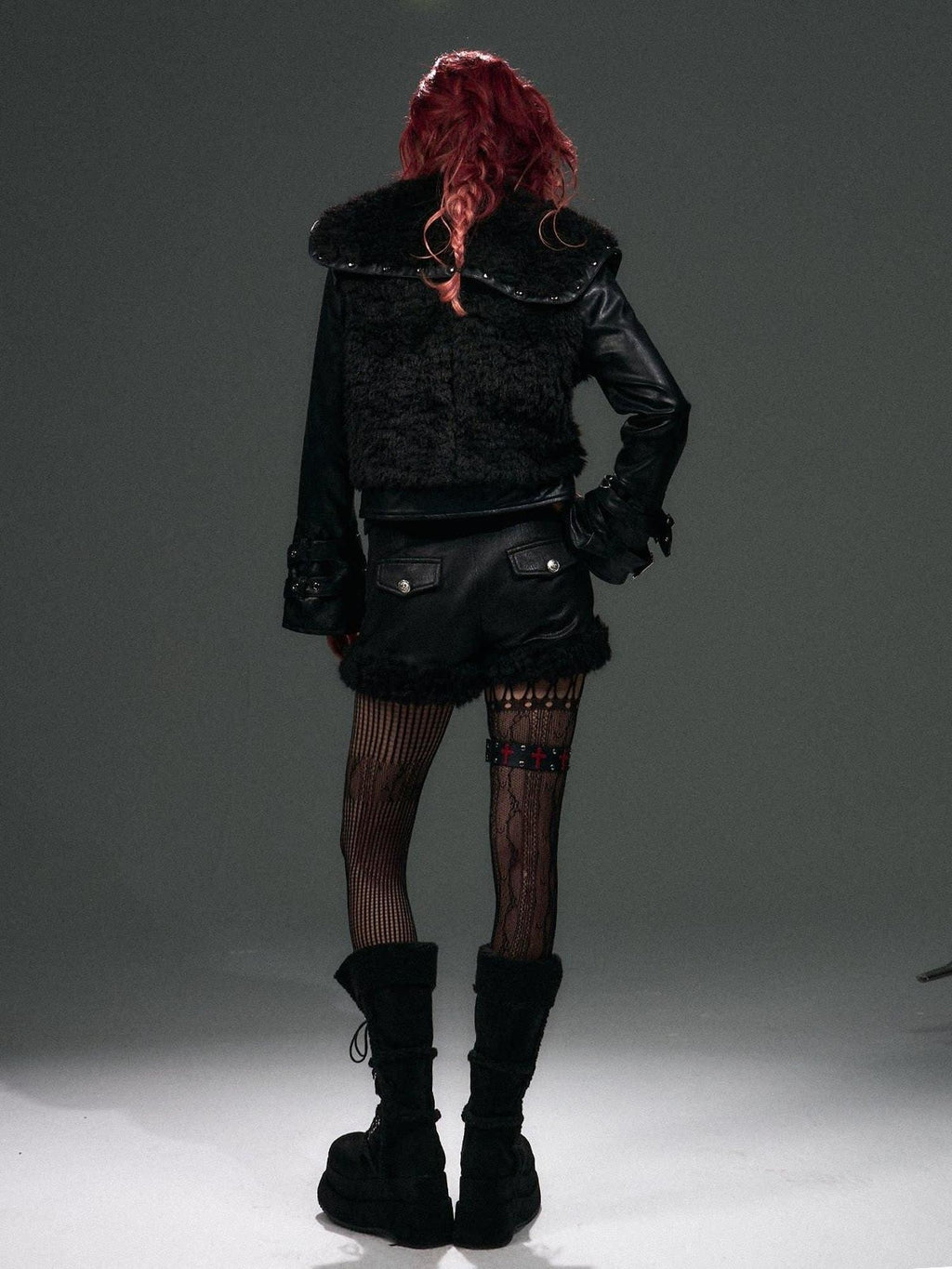 Frustration Garden Warm Thick Pu Dark Gothic Loose Fit Fur Collar Zipper Metal Cropped Jackets