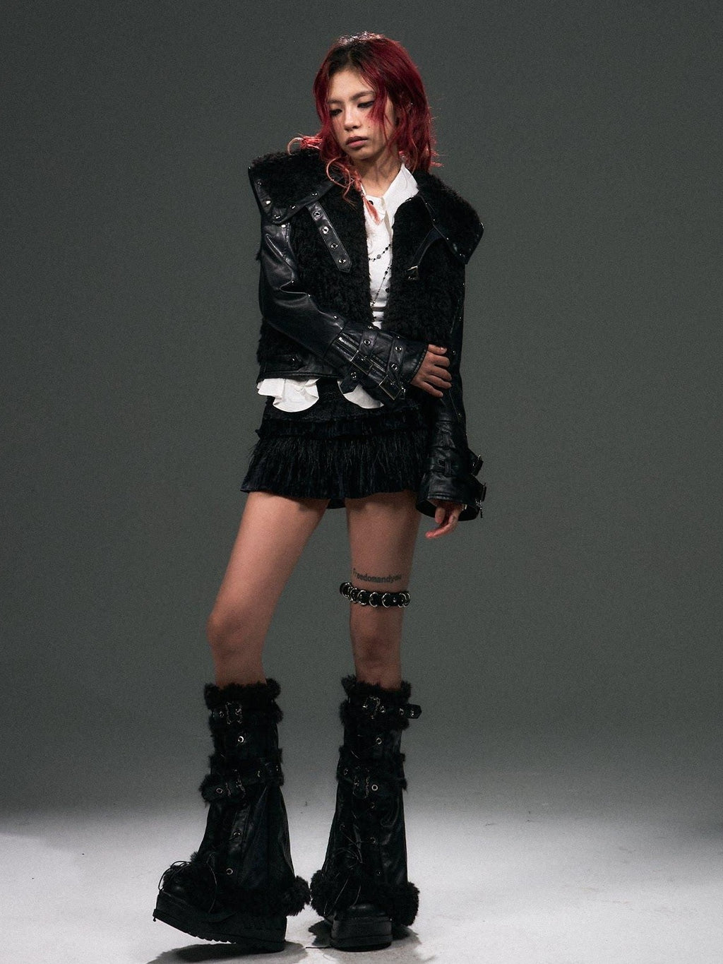 Frustration Garden Warm Thick Pu Dark Gothic Loose Fit Fur Collar Zipper Metal Cropped Jackets
