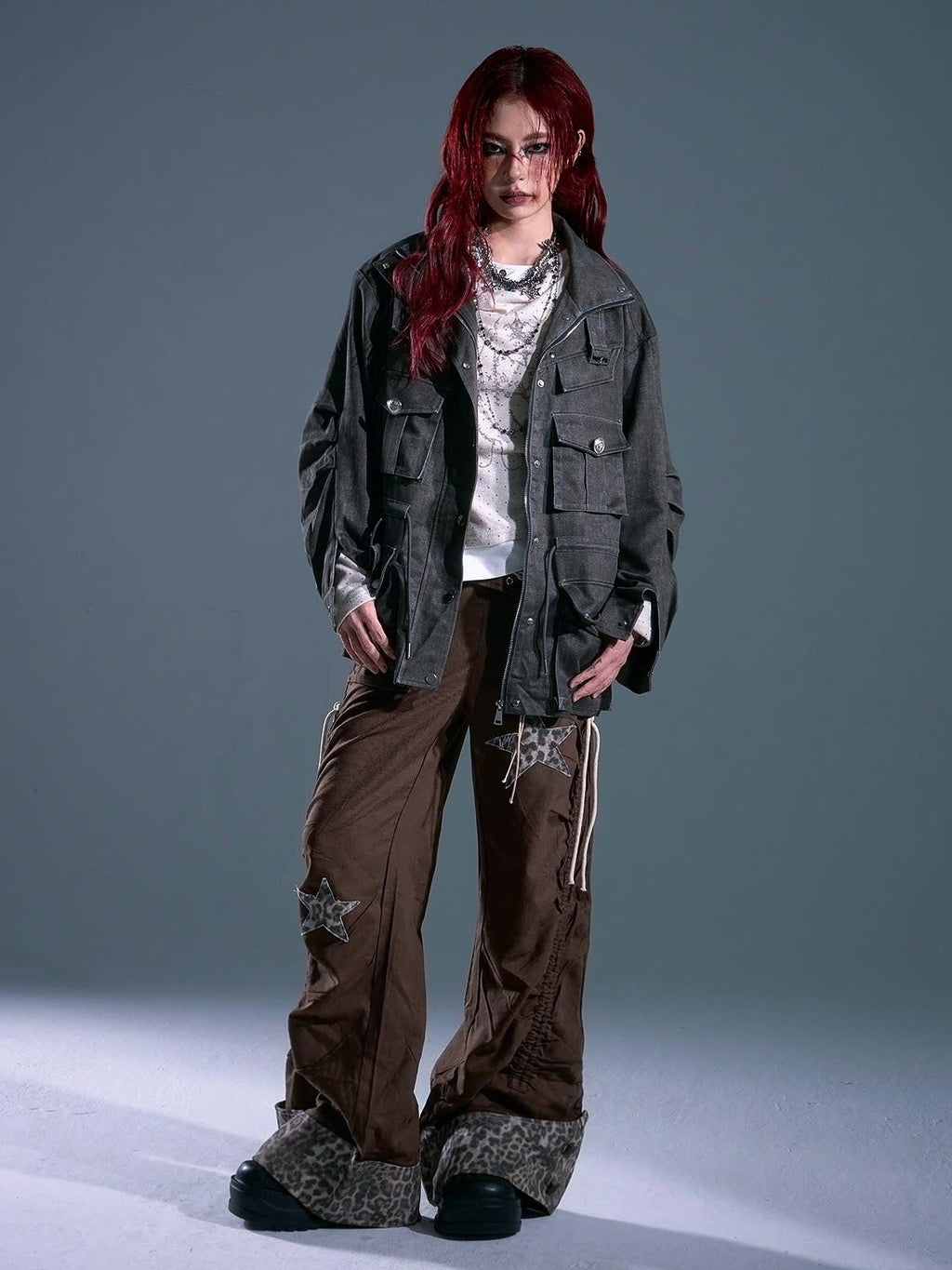 Frustration Garden Warm Vintage Loose Midlength Zip Button Pocket Studs Unisex Gray Casual Jackets