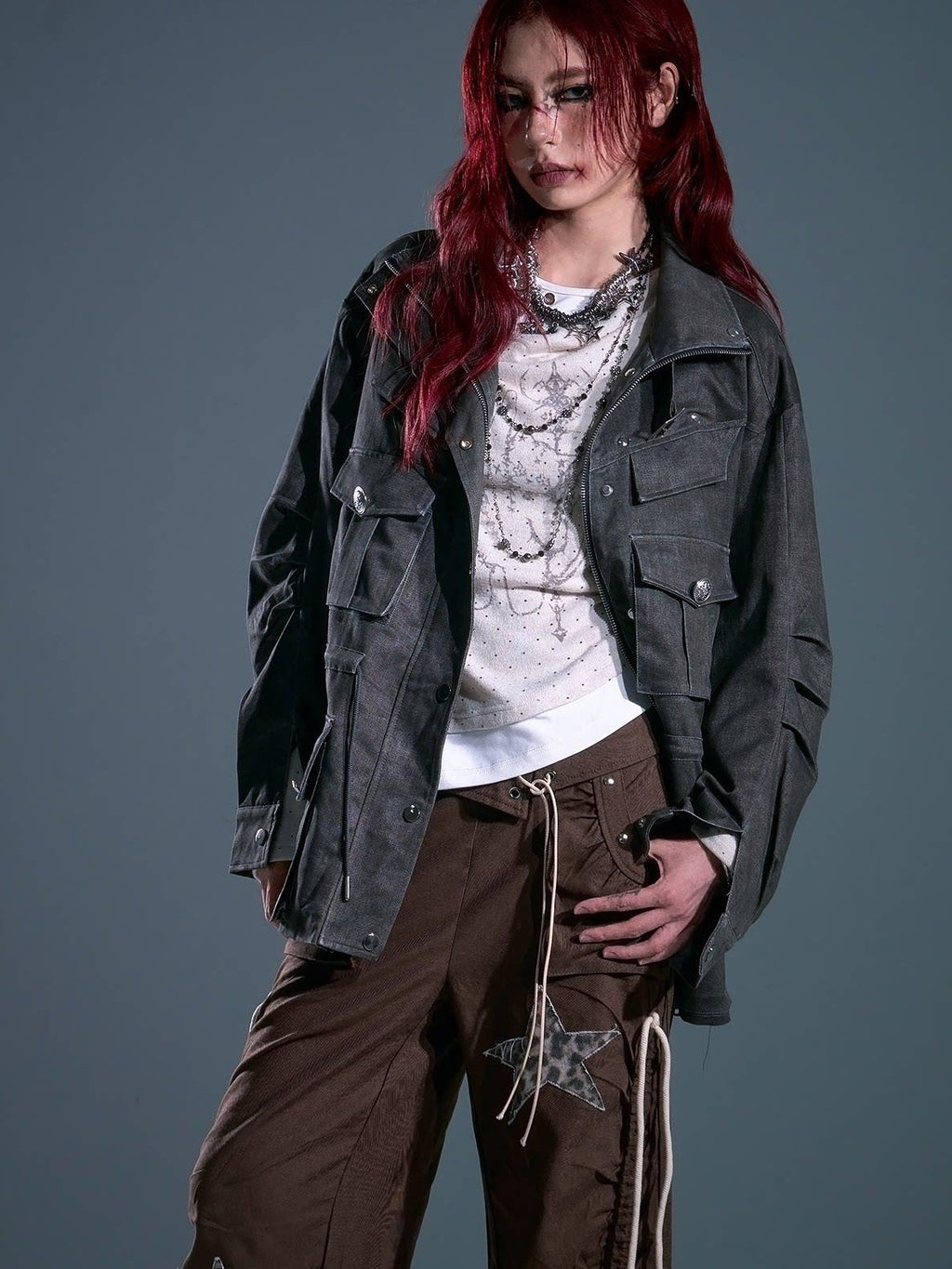 Frustration Garden Warm Vintage Loose Midlength Zip Button Pocket Studs Unisex Gray Casual Jackets