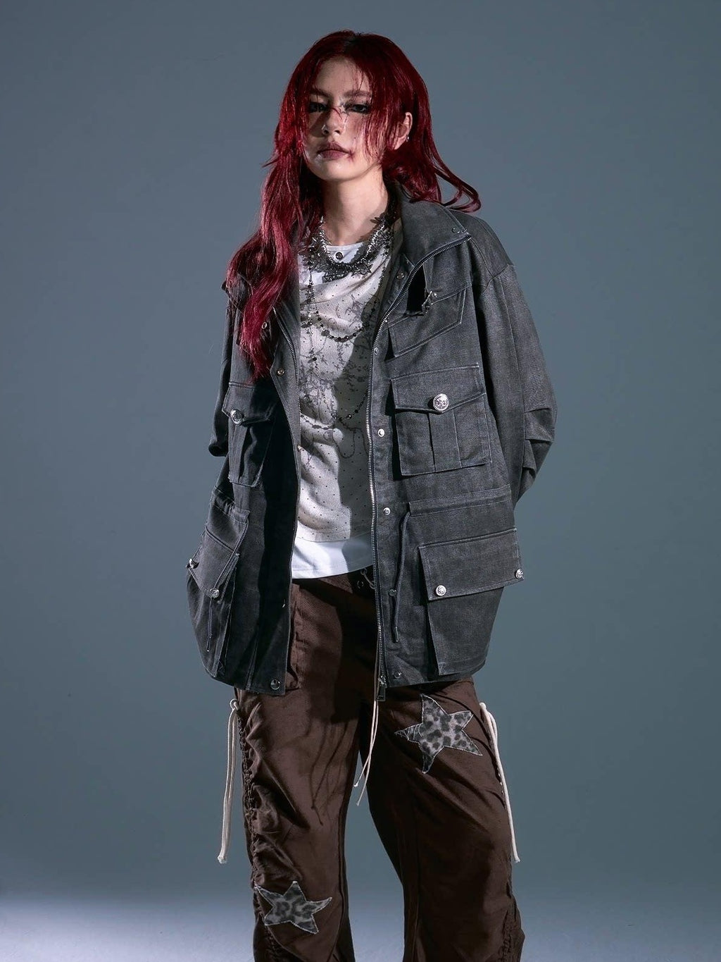 Frustration Garden Warm Vintage Loose Midlength Zip Button Pocket Studs Unisex Gray Casual Jackets