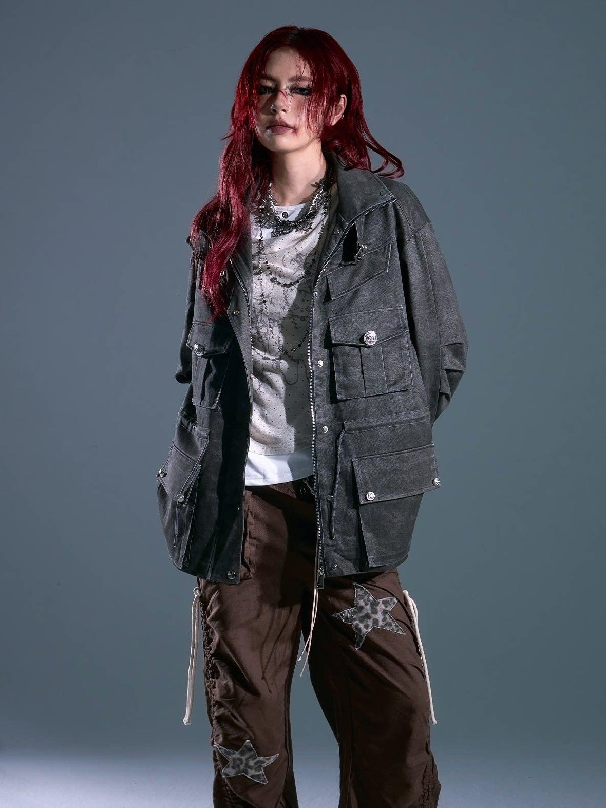 Frustration Garden Warm Vintage Loose Midlength Zip Button Pocket Studs Unisex Gray Casual Jackets