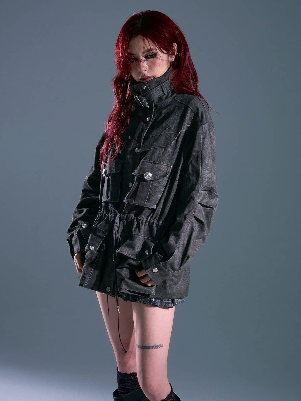 Frustration Garden Warm Vintage Loose Midlength Zip Button Pocket Studs Unisex Gray Casual Jackets