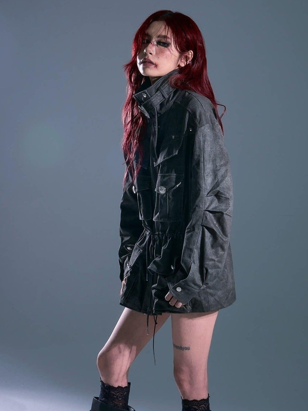 Frustration Garden Warm Vintage Loose Midlength Zip Button Pocket Studs Unisex Gray Casual Jackets